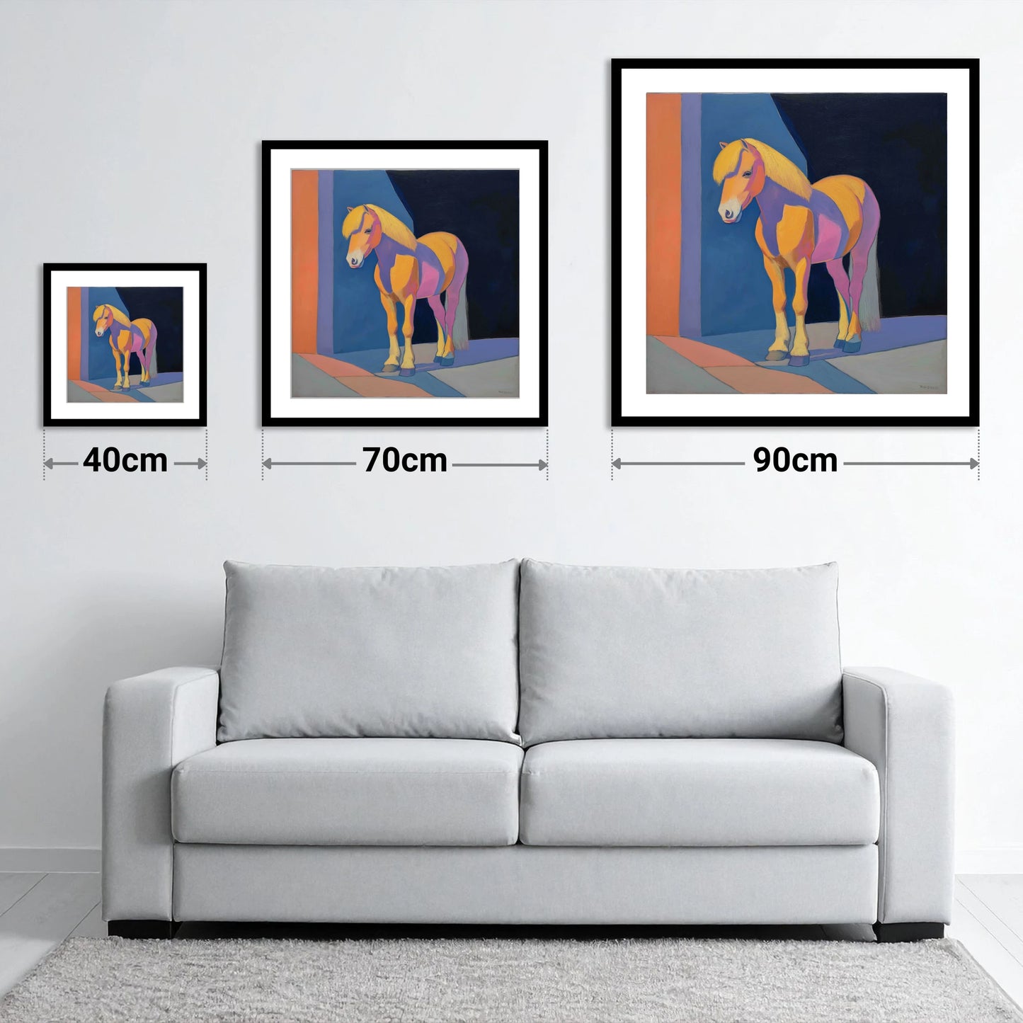 Radiant Golden Pony - size guide showing 40cm, 70cm and 90cm art prints