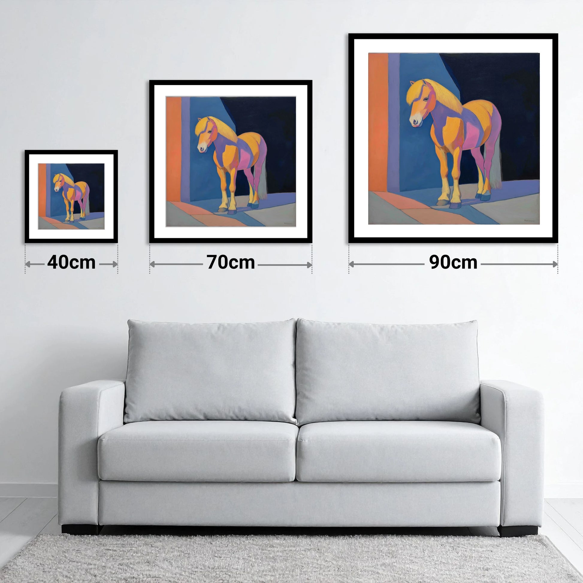 Radiant Golden Pony - size guide showing 40cm, 70cm and 90cm art prints