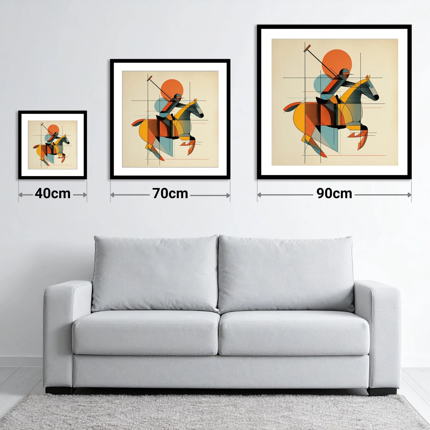 The Geometry of Polo - size guide showing 40cm, 70cm and 90cm art prints