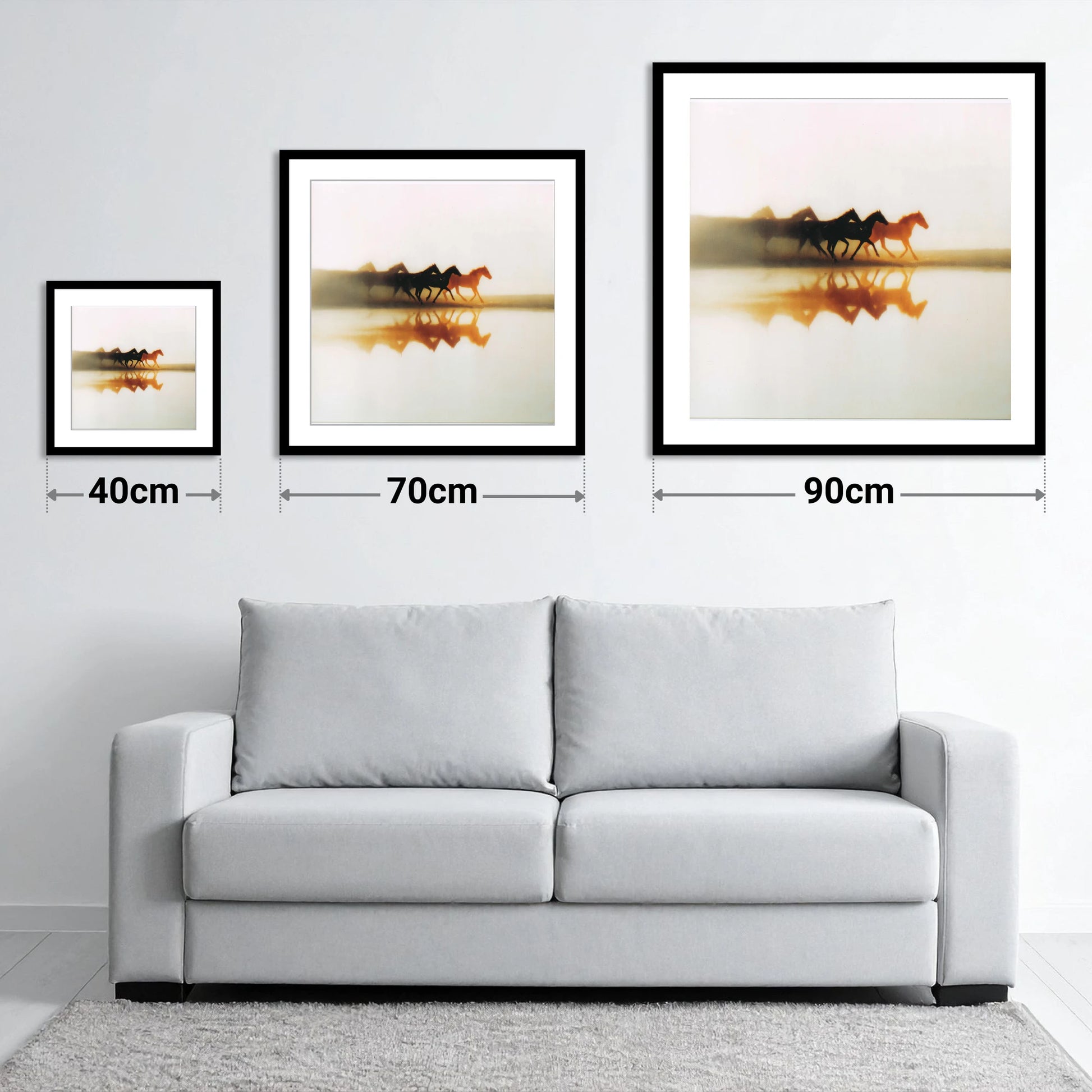 Whispers of the Herd - size guide showing 40cm, 70cm and 90cm art prints