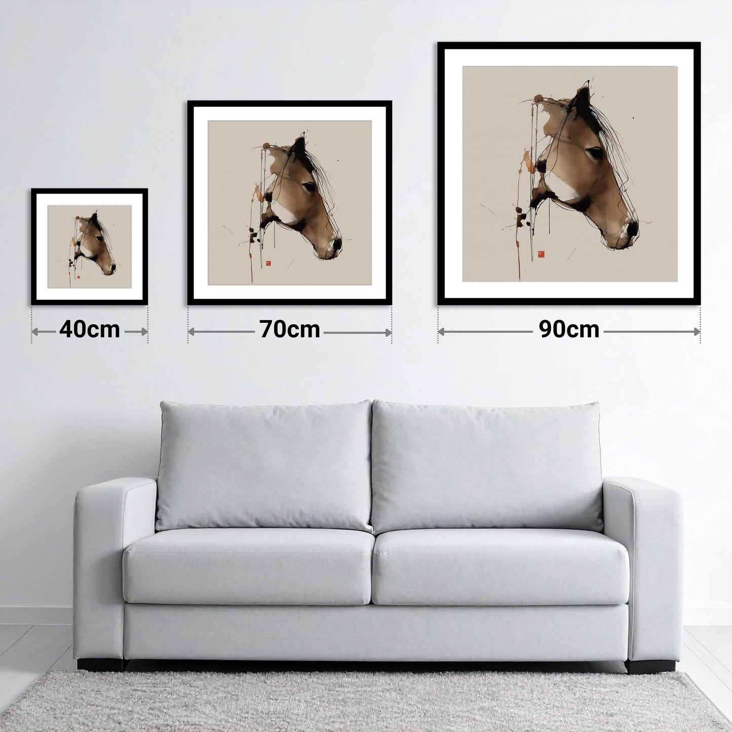 Dynamic Sepia Equine Profile - size guide showing 40cm, 70cm and 90cm art prints