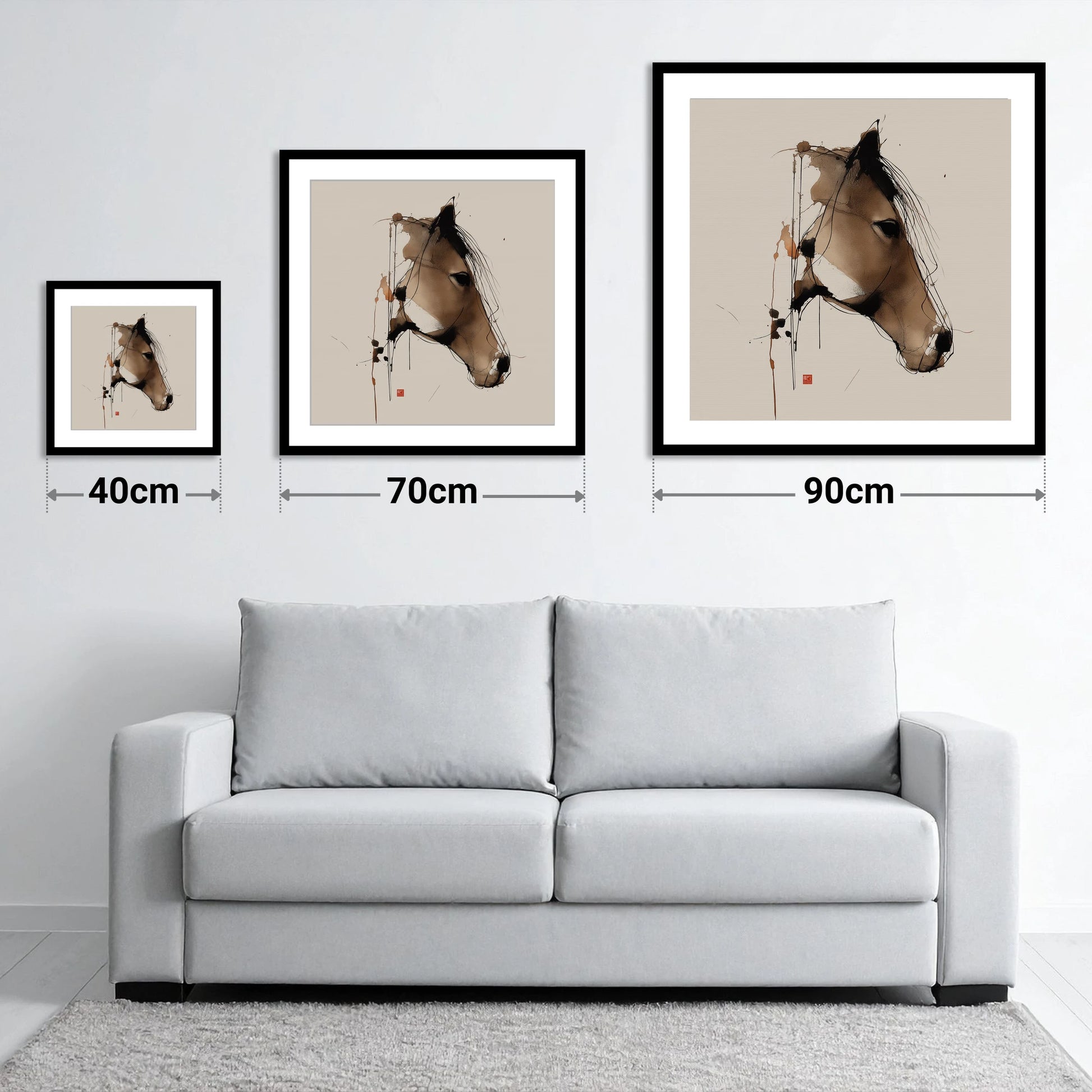 Dynamic Sepia Equine Profile - size guide showing 40cm, 70cm and 90cm art prints