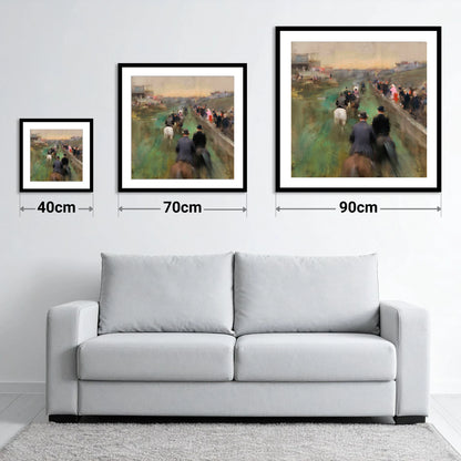 The Paddock Procession - size guide showing 40cm, 70cm and 90cm art prints