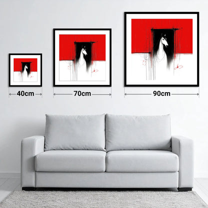 The Crimson Doorway - size guide showing 40cm, 70cm and 90cm art prints