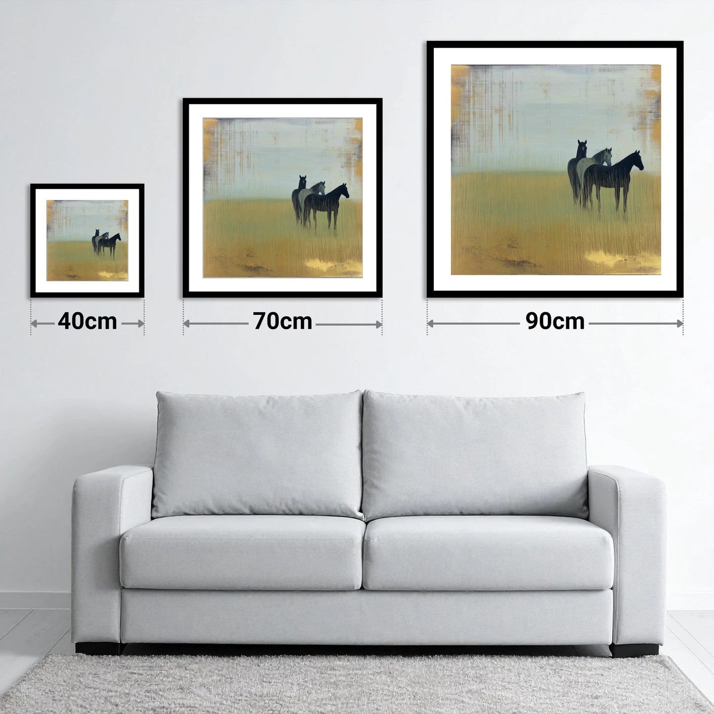 Gilded Meadow Watchers - size guide showing 40cm, 70cm and 90cm art prints