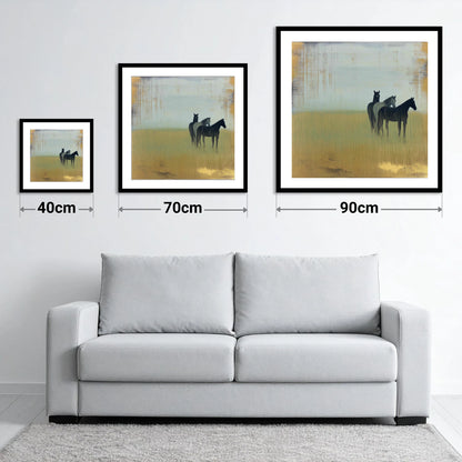 Gilded Meadow Watchers - size guide showing 40cm, 70cm and 90cm art prints