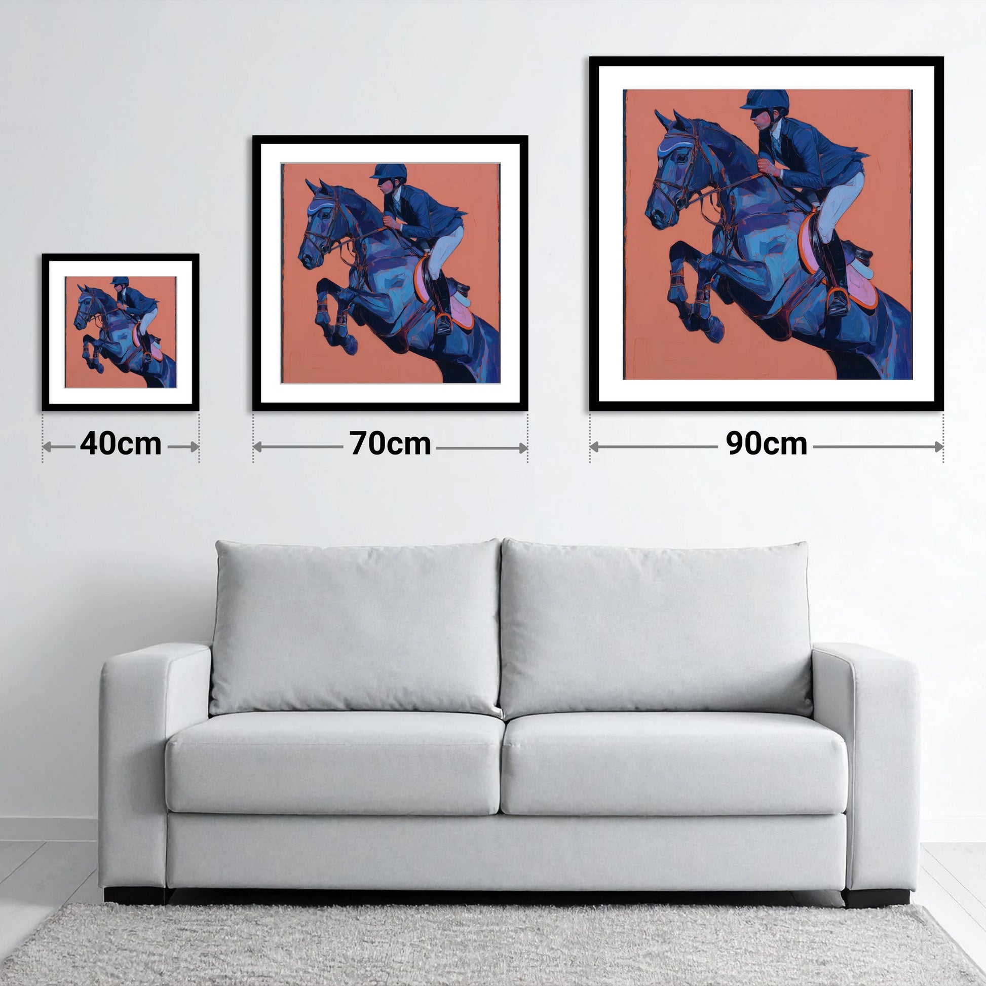 Indigo Flight - size guide showing 40cm, 70cm and 90cm art prints
