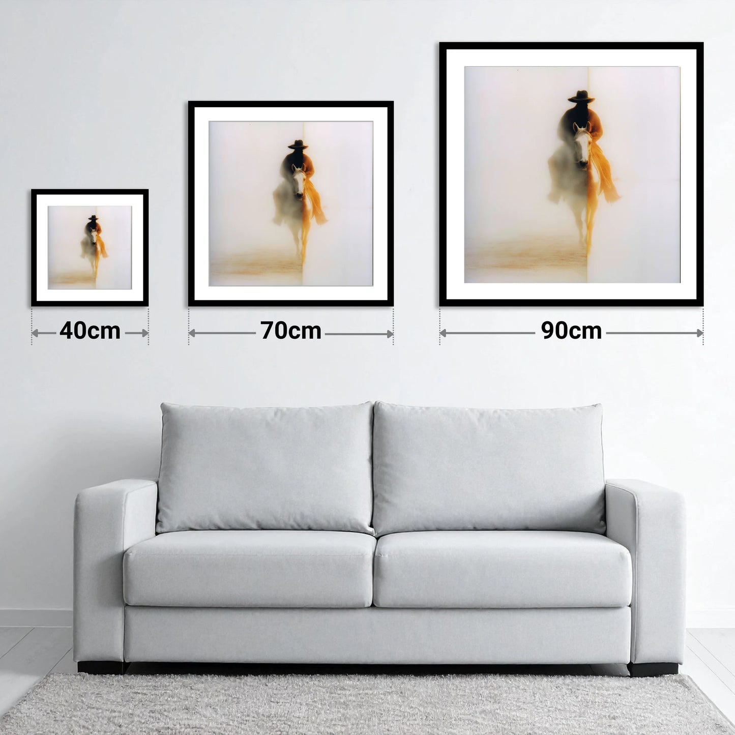 Western Mirage - size guide showing 40cm, 70cm and 90cm art prints