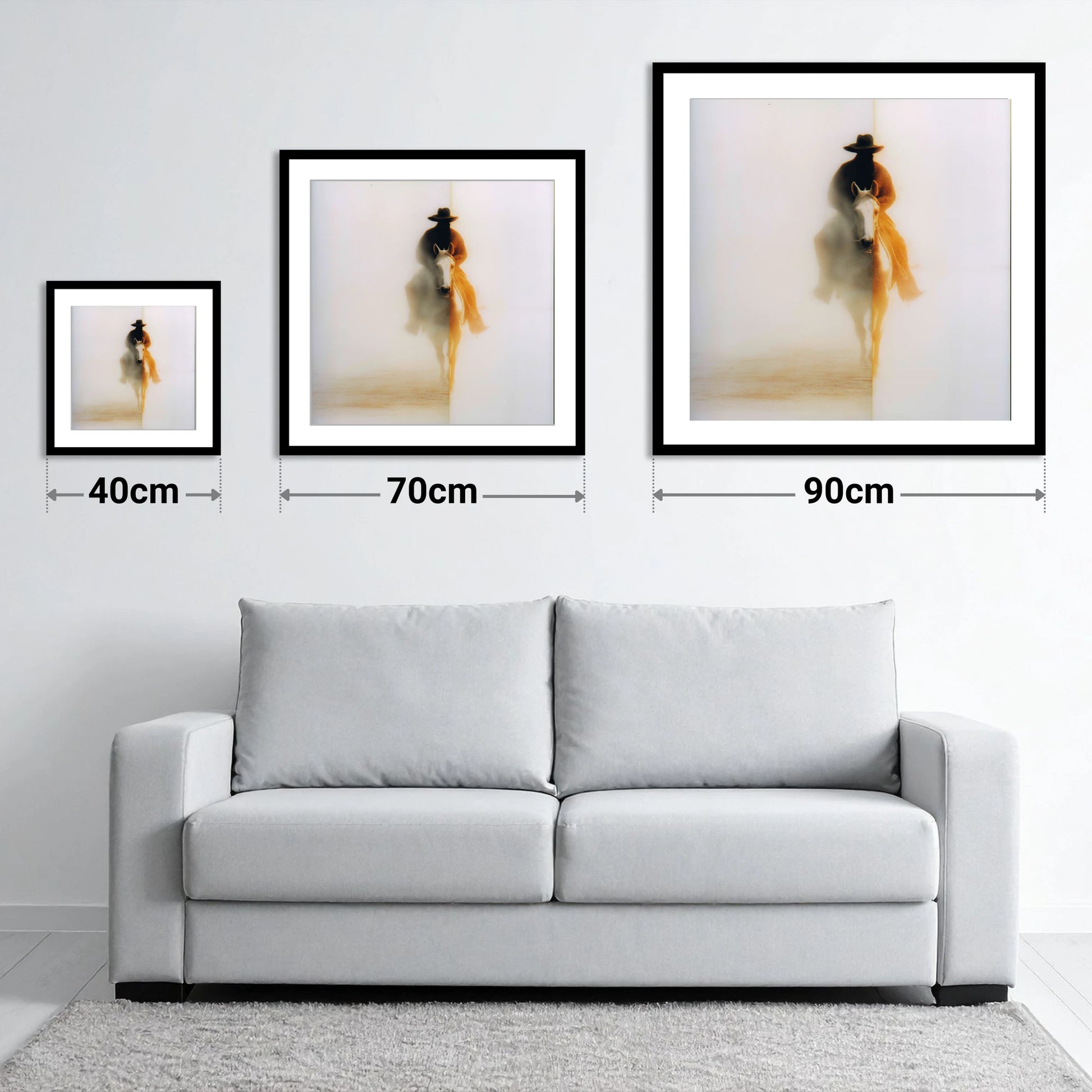 Western Mirage - size guide showing 40cm, 70cm and 90cm art prints