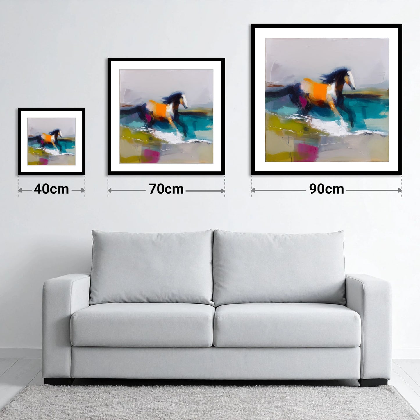 Vibrant Coastal Canter - size guide showing 40cm, 70cm and 90cm art prints