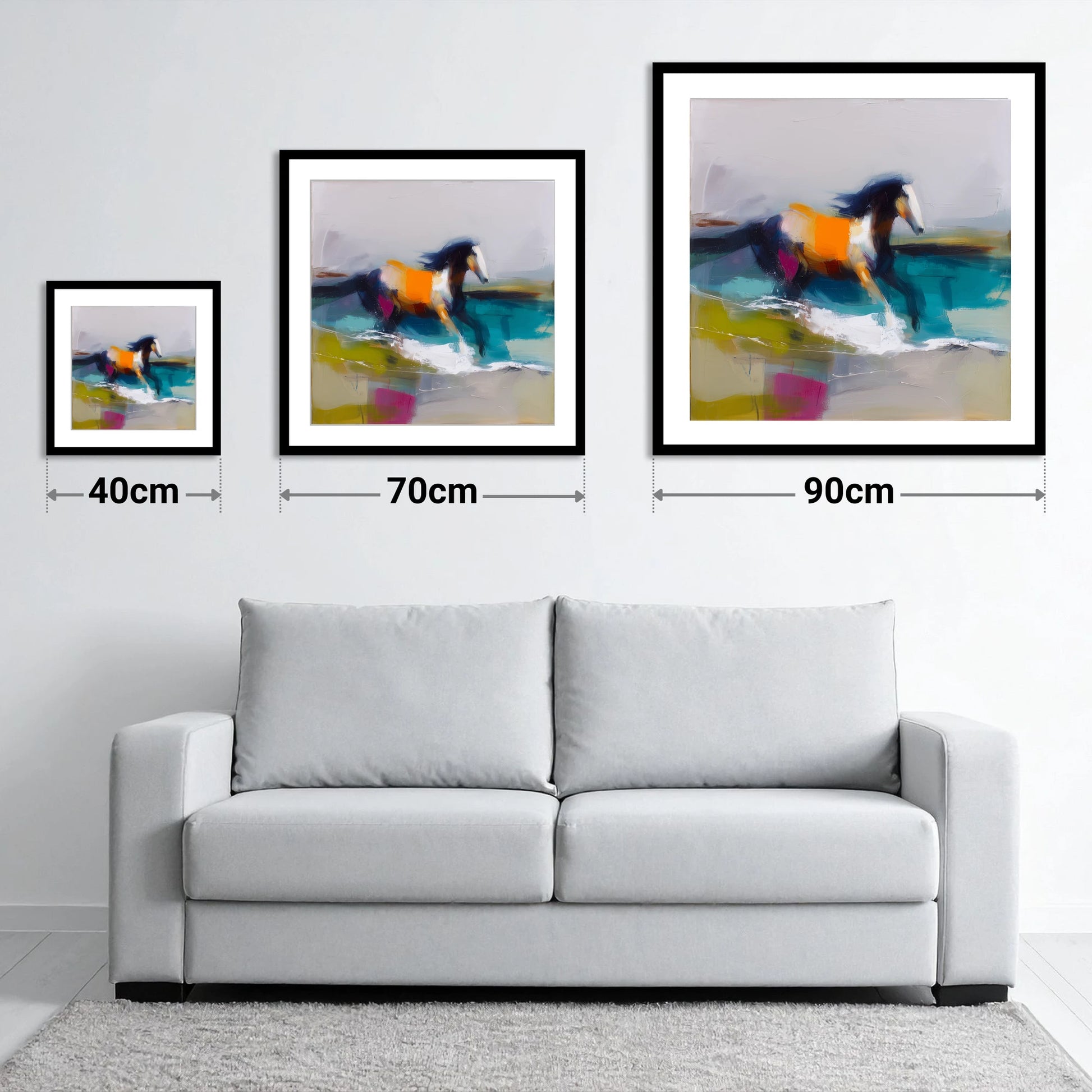 Vibrant Coastal Canter - size guide showing 40cm, 70cm and 90cm art prints