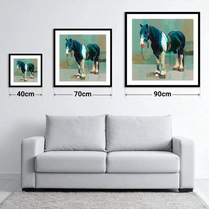 The Stoic Piebald - size guide showing 40cm, 70cm and 90cm art prints