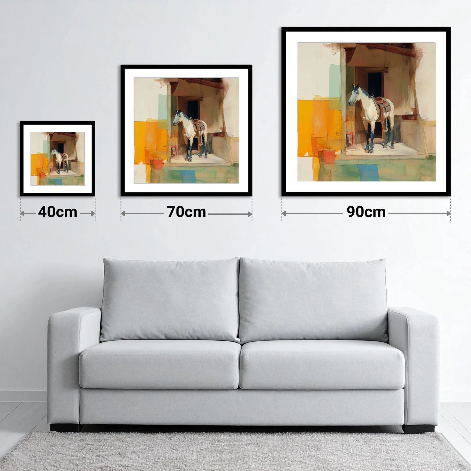 The Waiting Grey - size guide showing 40cm, 70cm and 90cm art prints