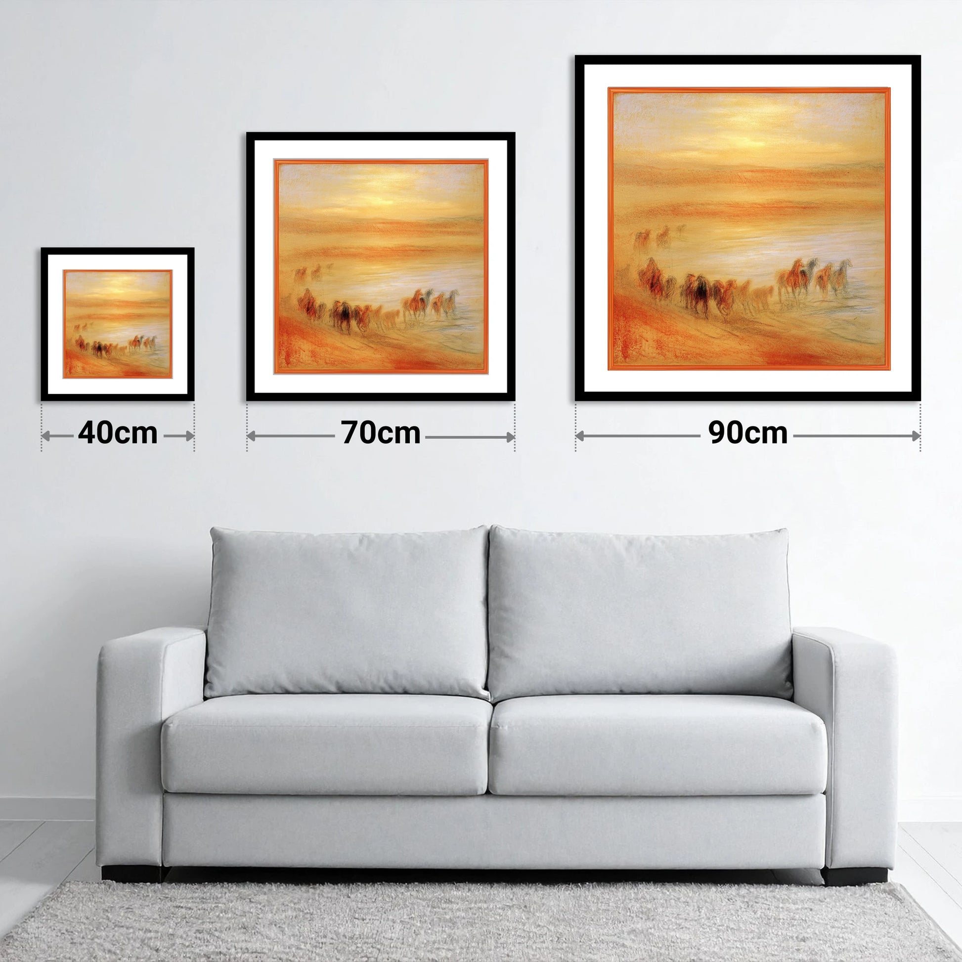 Terracotta Sunrise Herd - size guide showing 40cm, 70cm and 90cm art prints