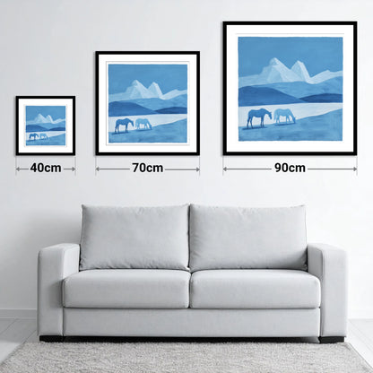 Azure Mountain Grazing - size guide showing 40cm, 70cm and 90cm art prints