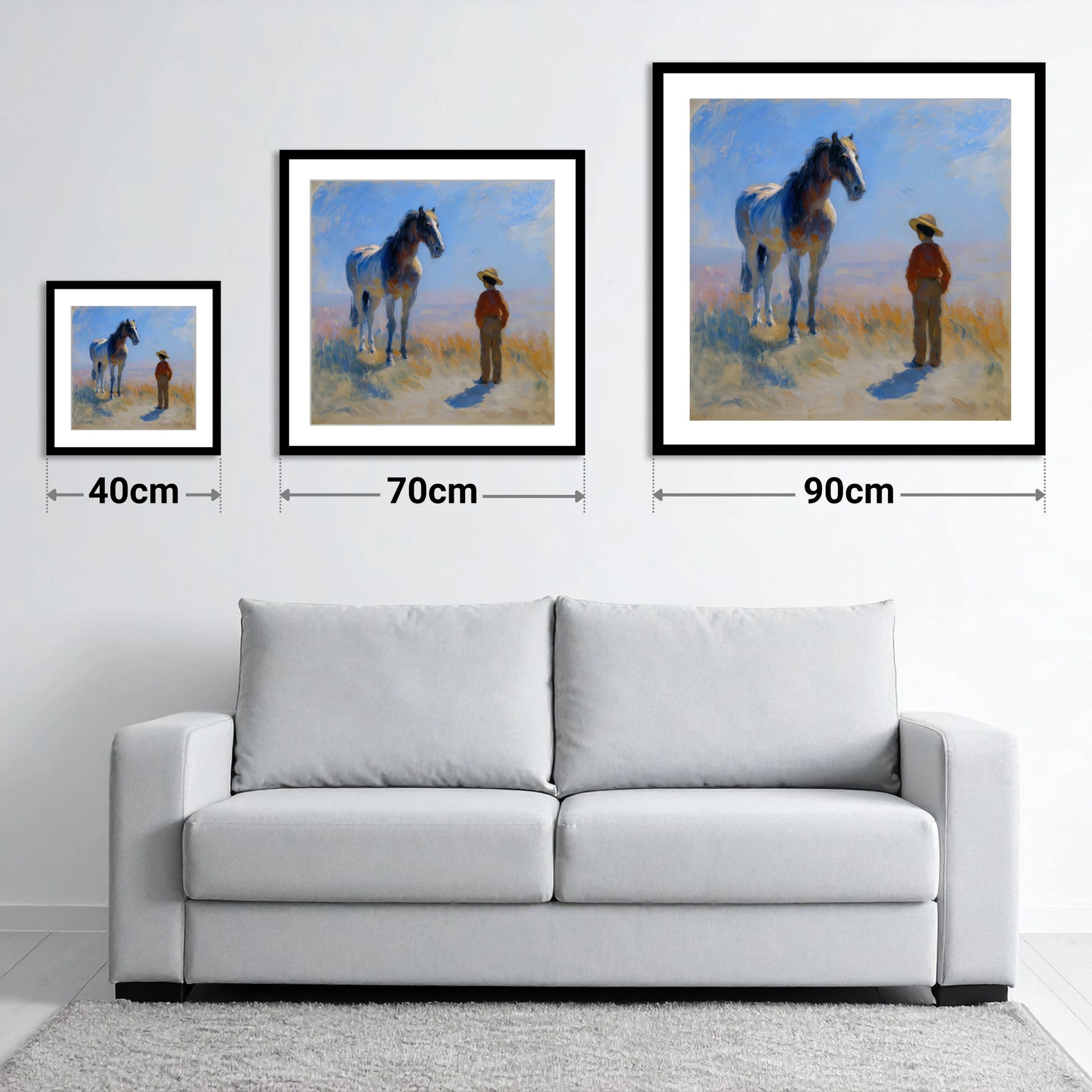A Quiet Understanding - size guide showing 40cm, 70cm and 90cm art prints