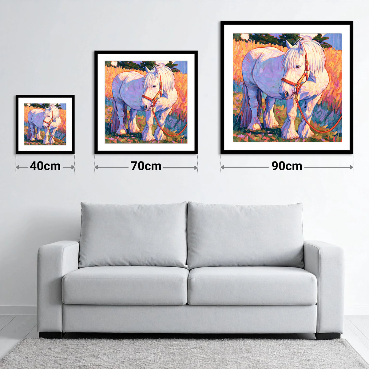 Feathered Cob in Vibrant Light - size guide showing 40cm, 70cm and 90cm art prints