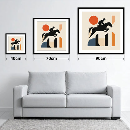 Geometric Showjumping Silhouette - size guide showing 40cm, 70cm and 90cm art prints