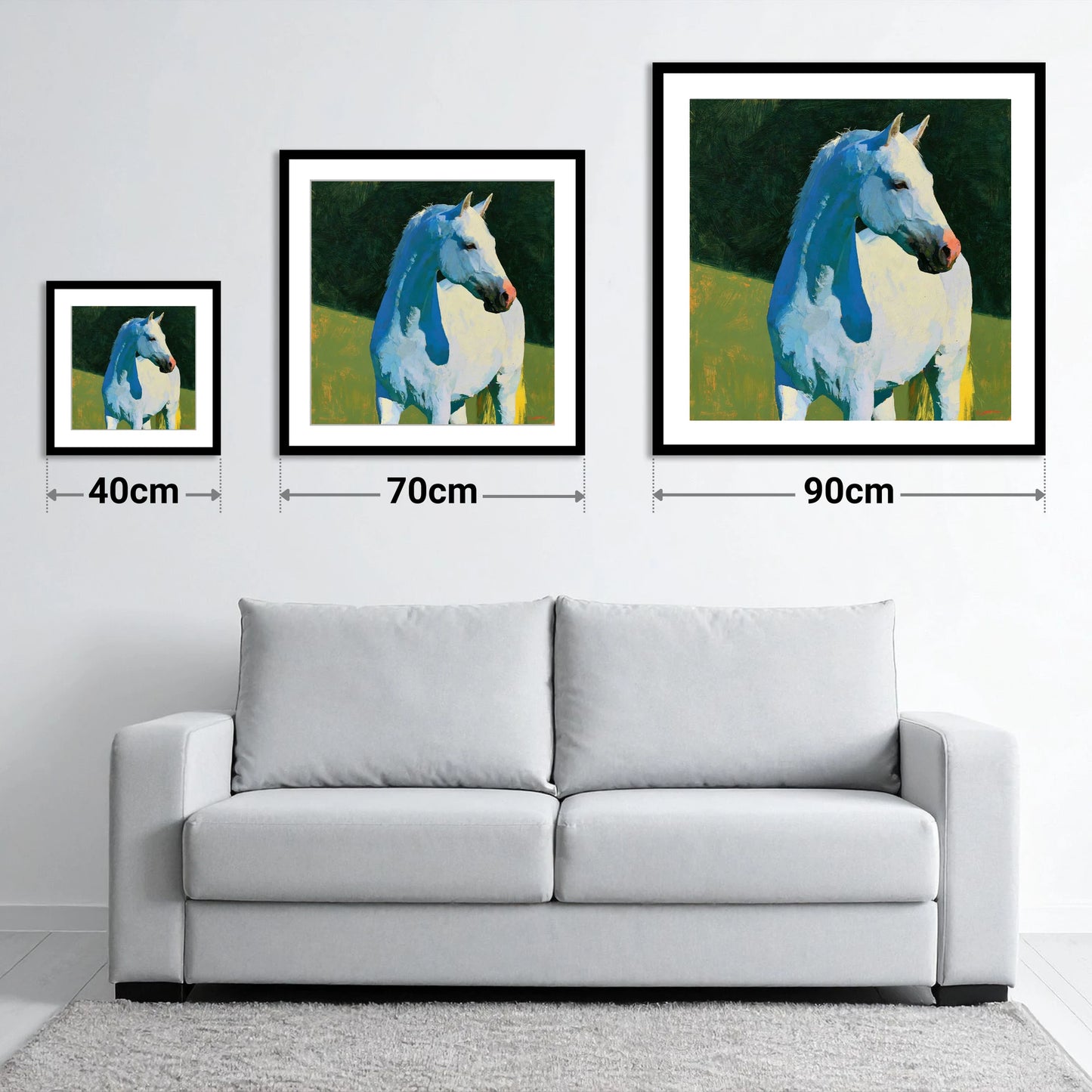 Grey Horse with Blue Shadows - size guide showing 40cm, 70cm and 90cm art prints
