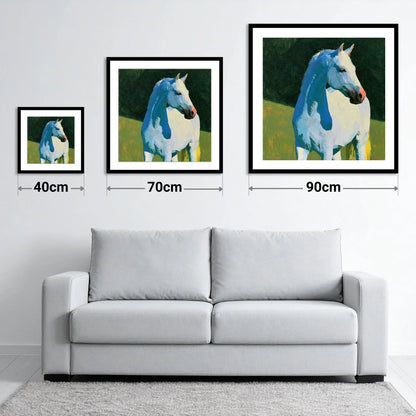 Grey Horse with Blue Shadows - size guide showing 40cm, 70cm and 90cm art prints