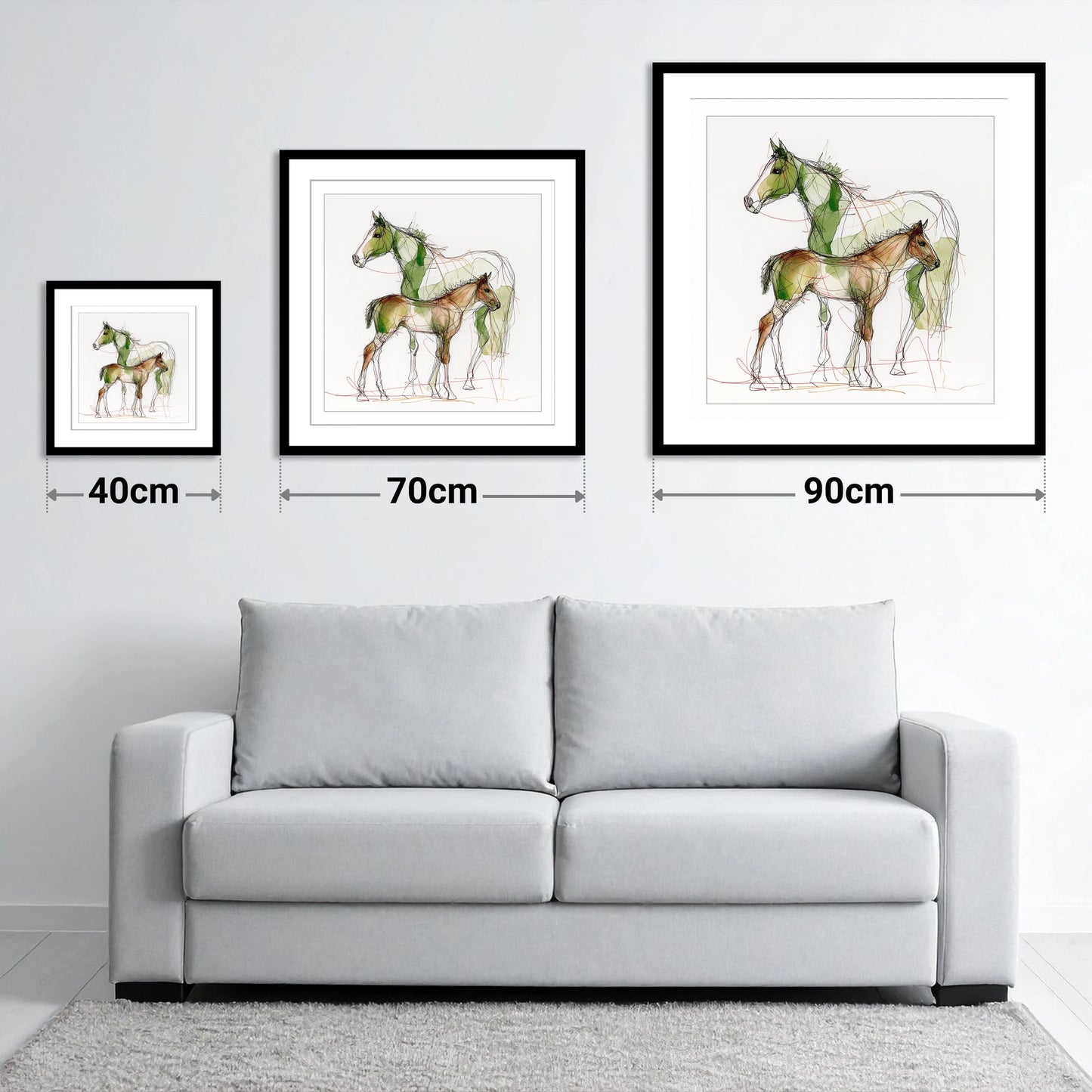 Lines of Kinship - size guide showing 40cm, 70cm and 90cm art prints
