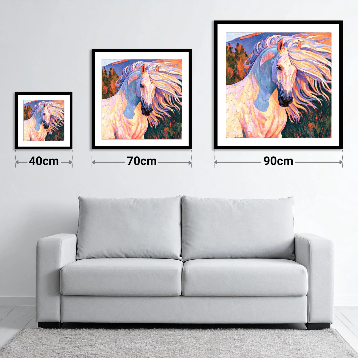 Colourful Andalusian Stallion Portrait - size guide showing 40cm, 70cm and 90cm art prints