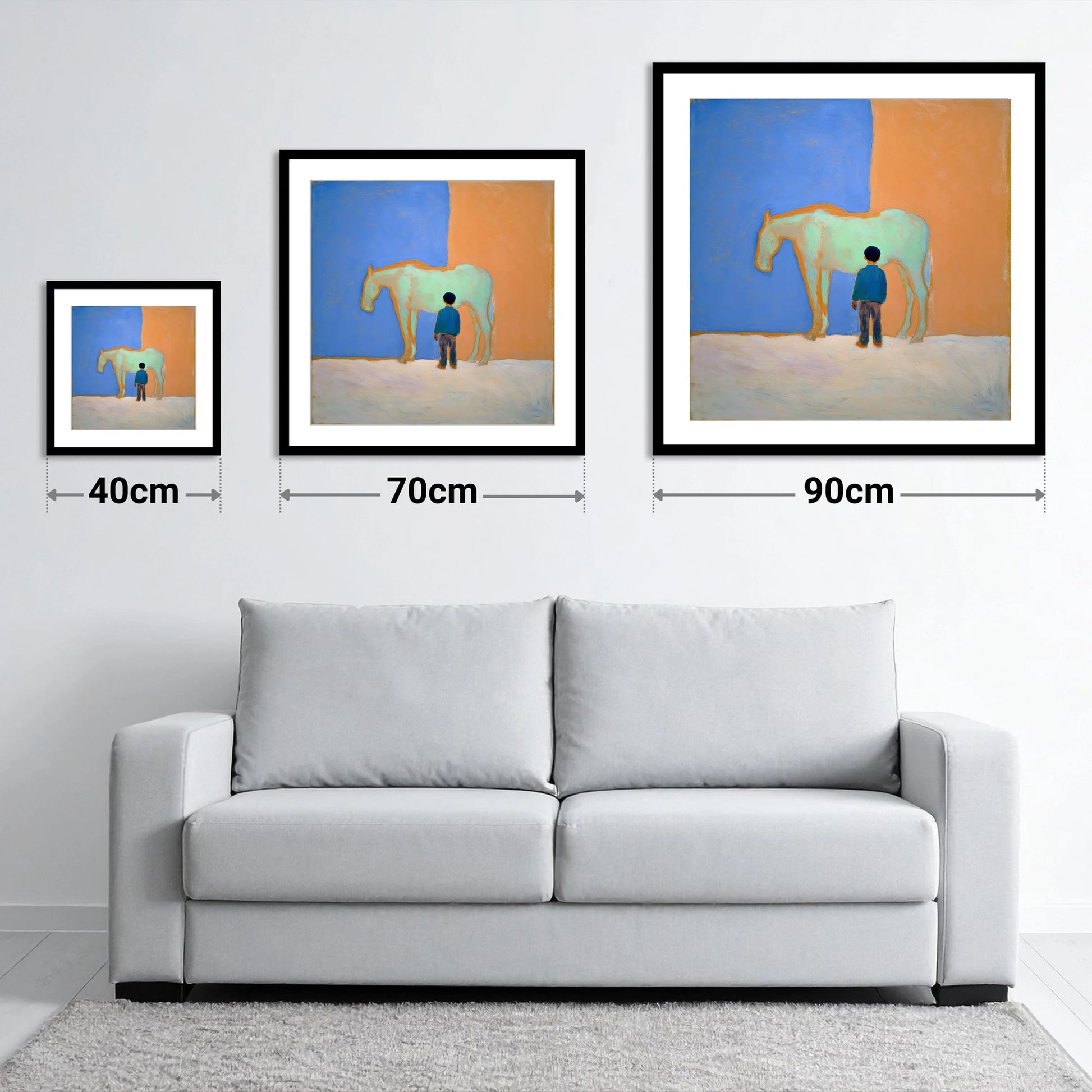 A Silent Understanding - size guide showing 40cm, 70cm and 90cm art prints