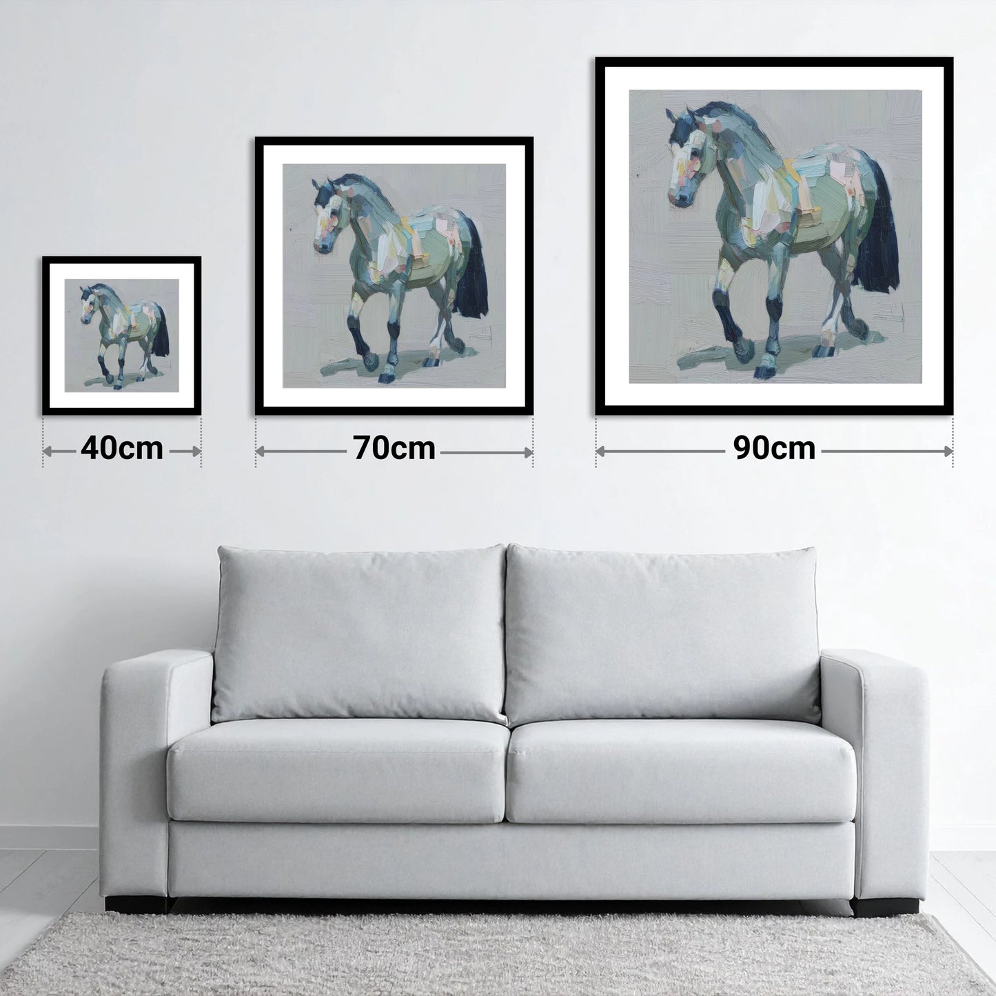 Painted Strides - size guide showing 40cm, 70cm and 90cm art prints