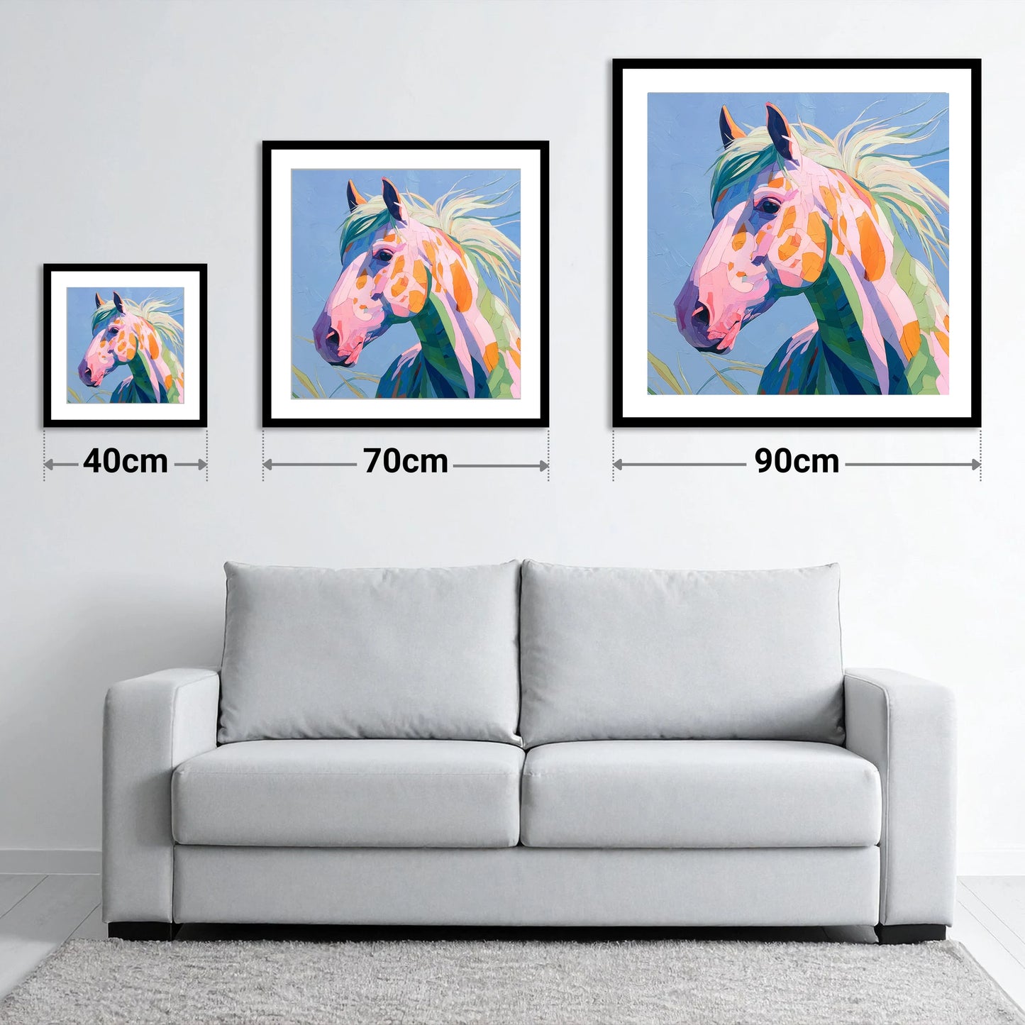 Technicolour Spirit - size guide showing 40cm, 70cm and 90cm art prints