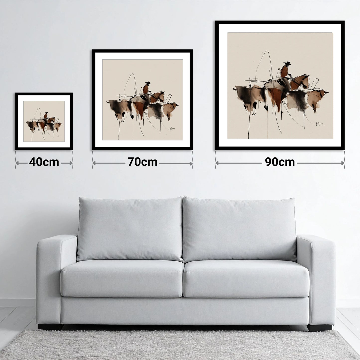 The Cattle Drive - size guide showing 40cm, 70cm and 90cm art prints