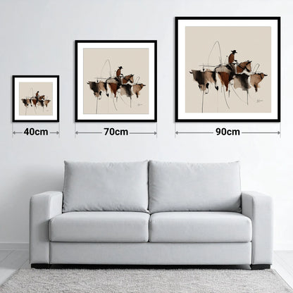 The Cattle Drive - size guide showing 40cm, 70cm and 90cm art prints