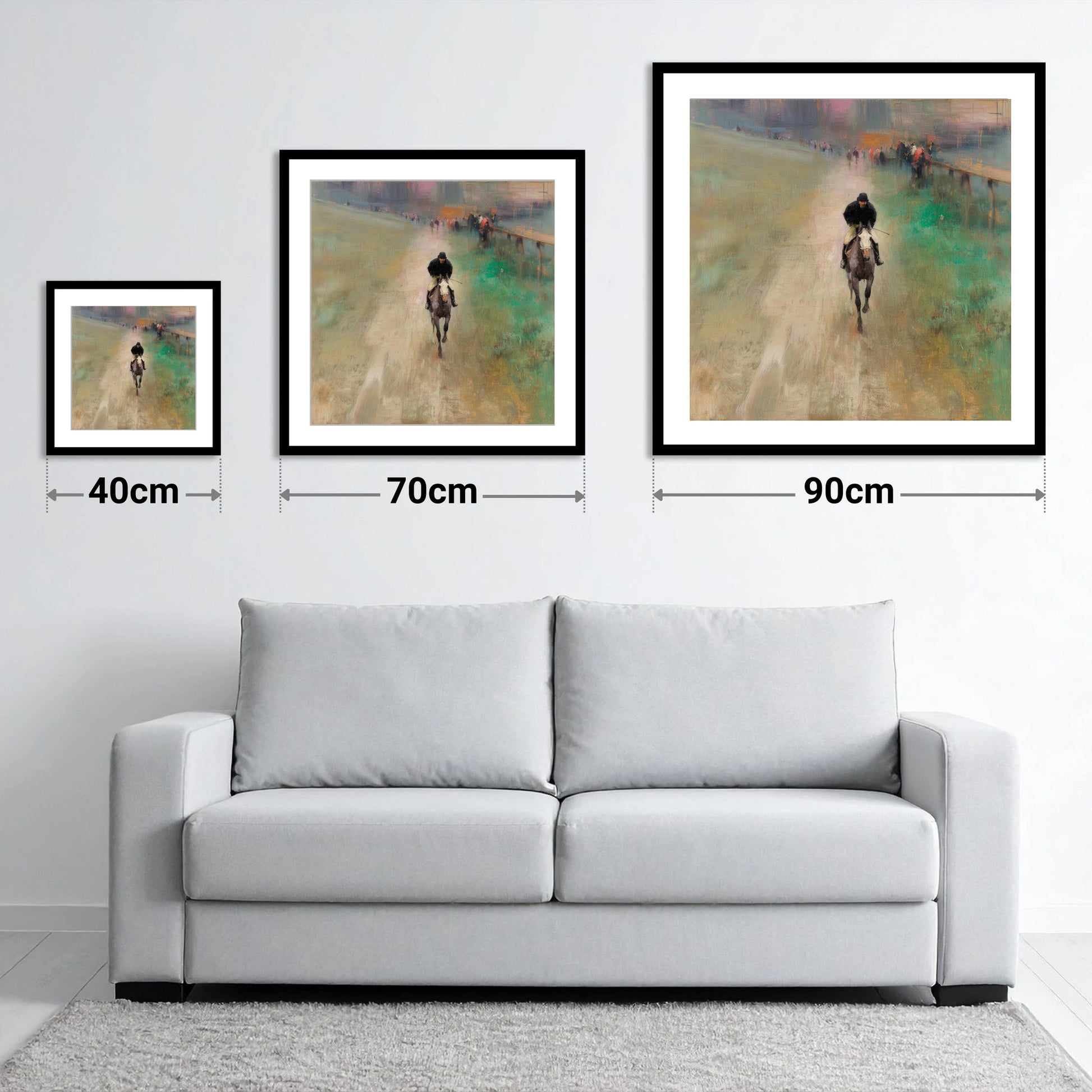 The Track Home - size guide showing 40cm, 70cm and 90cm art prints