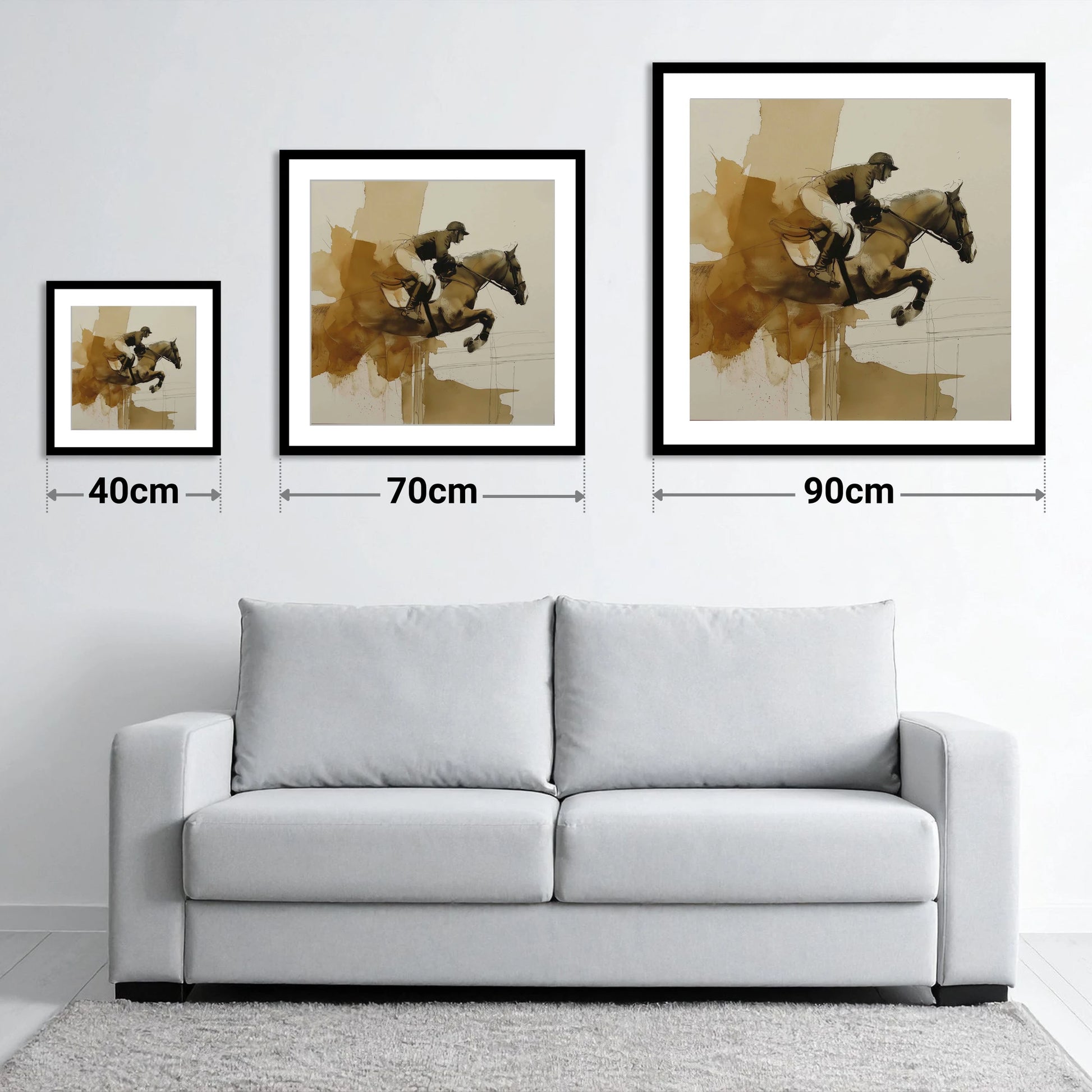 Moment of Suspension - size guide showing 40cm, 70cm and 90cm art prints