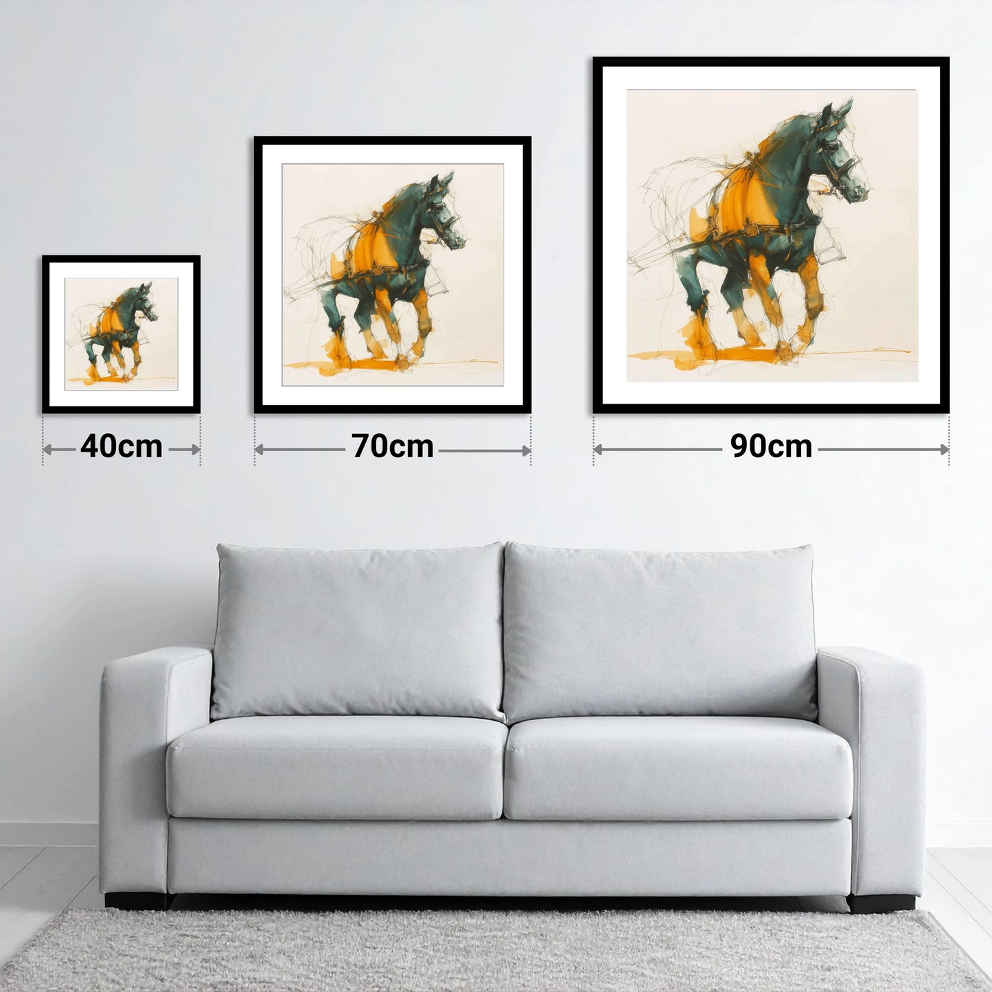 Dynamic Harness Stride - size guide showing 40cm, 70cm and 90cm art prints