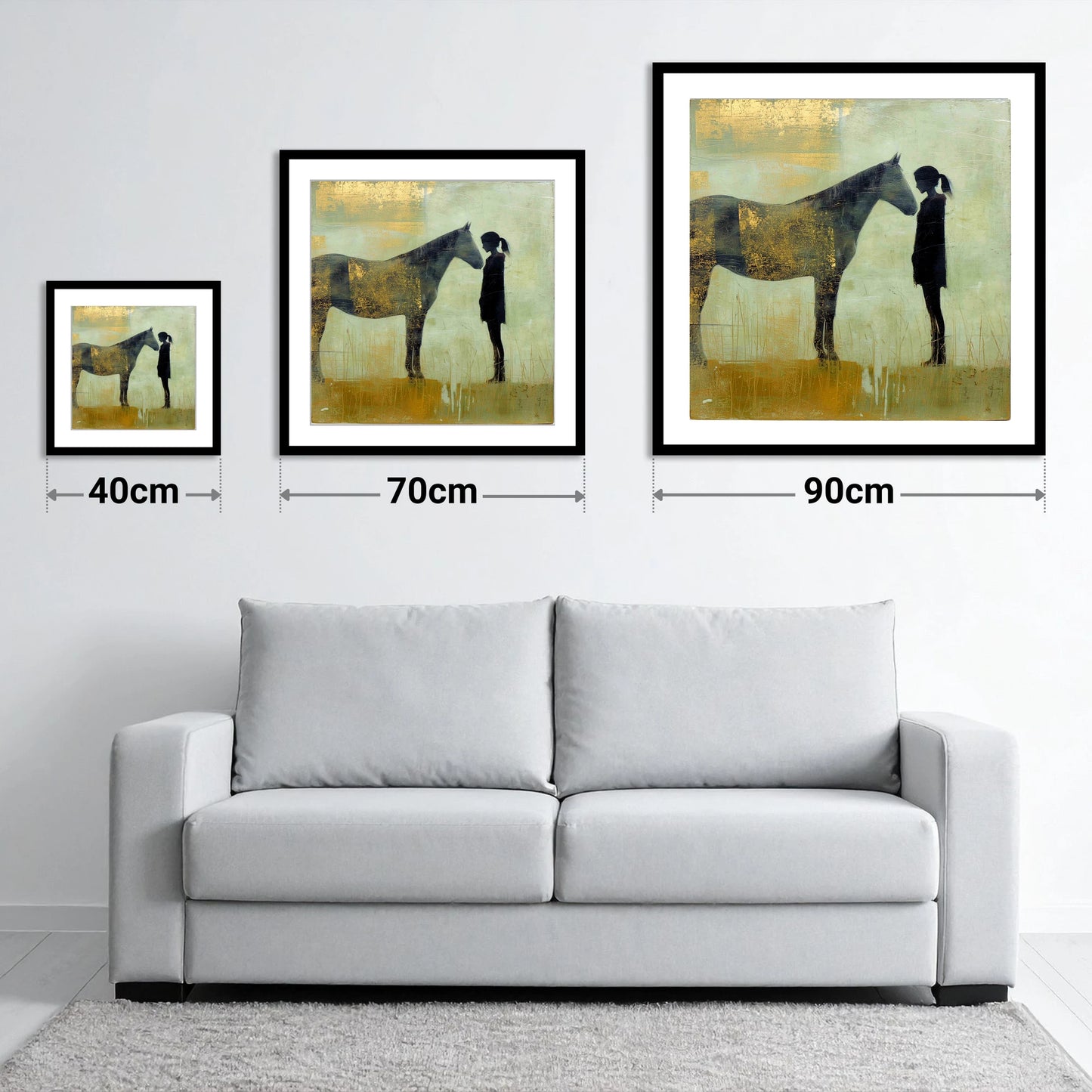 The Golden Bond - size guide showing 40cm, 70cm and 90cm art prints