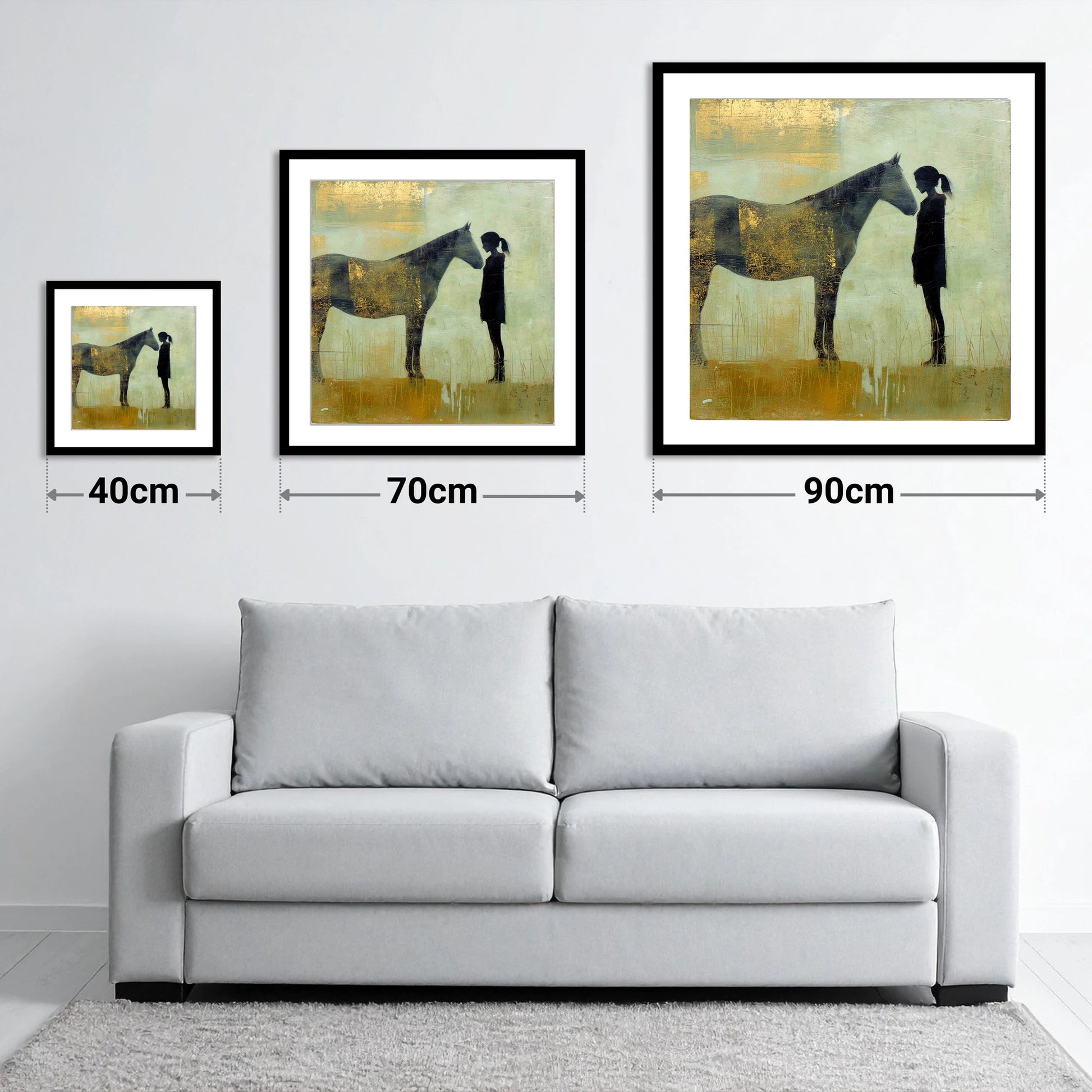 The Golden Bond - size guide showing 40cm, 70cm and 90cm art prints