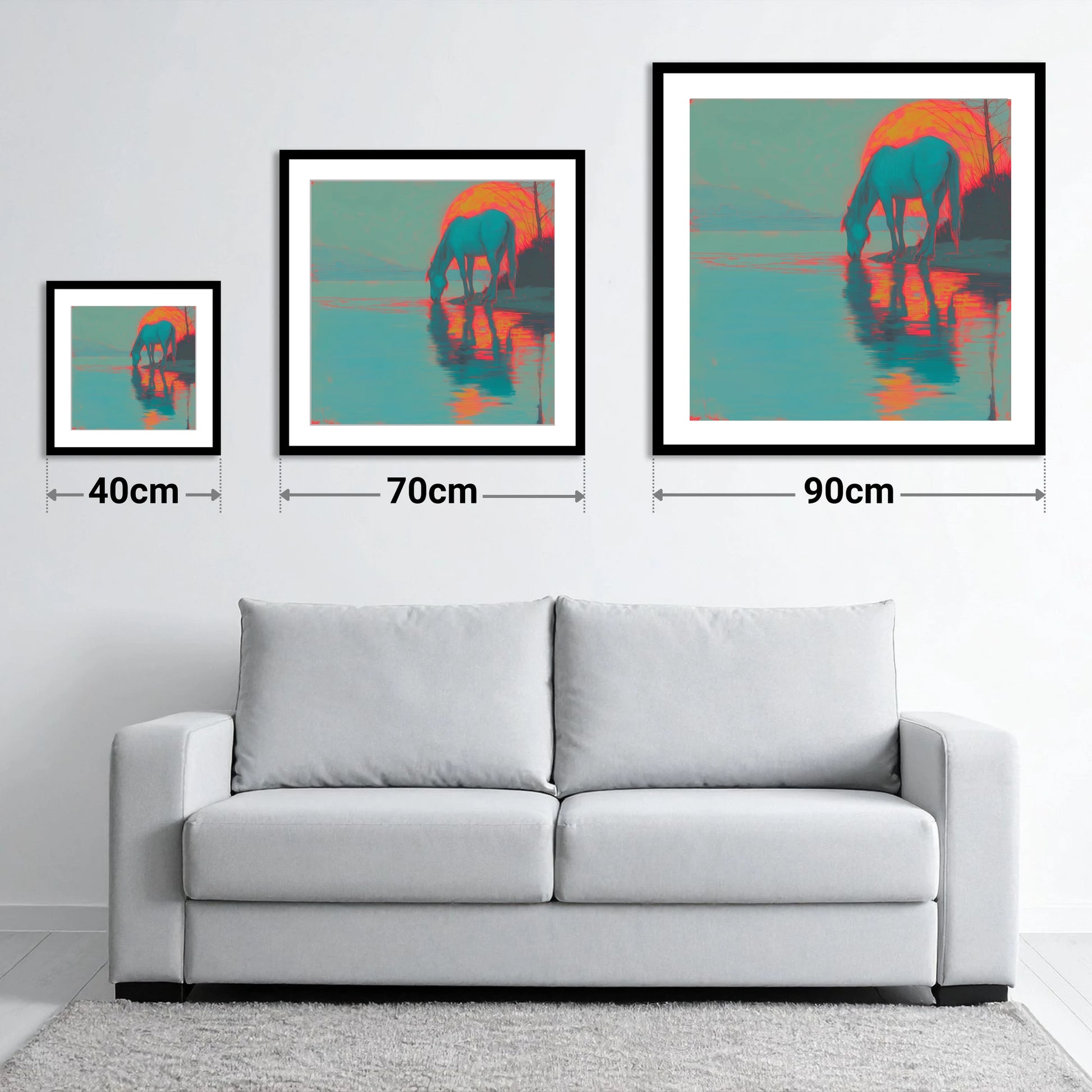 Electric Sunset Reflections - size guide showing 40cm, 70cm and 90cm art prints