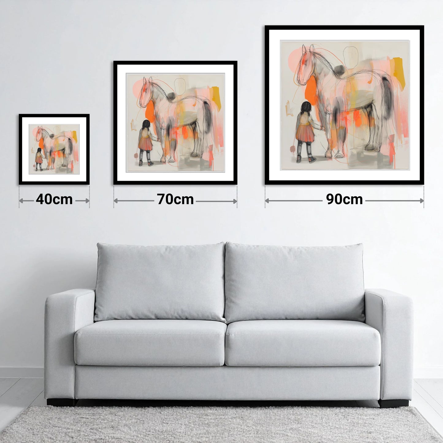 The Gentle Connection - size guide showing 40cm, 70cm and 90cm art prints