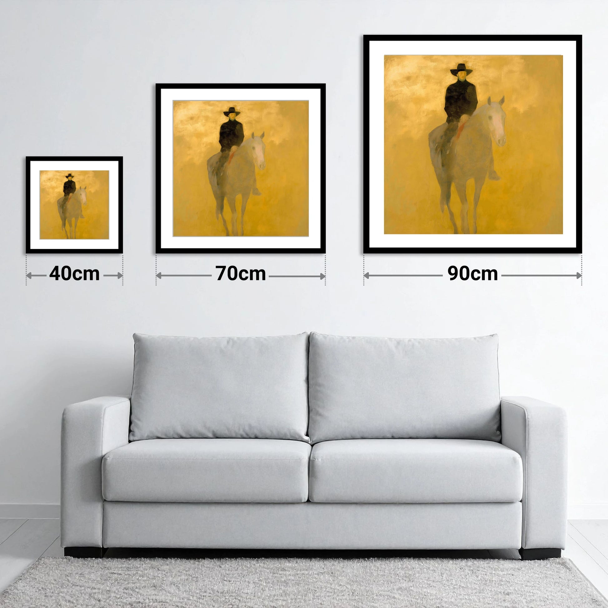 The Golden Trail - size guide showing 40cm, 70cm and 90cm art prints