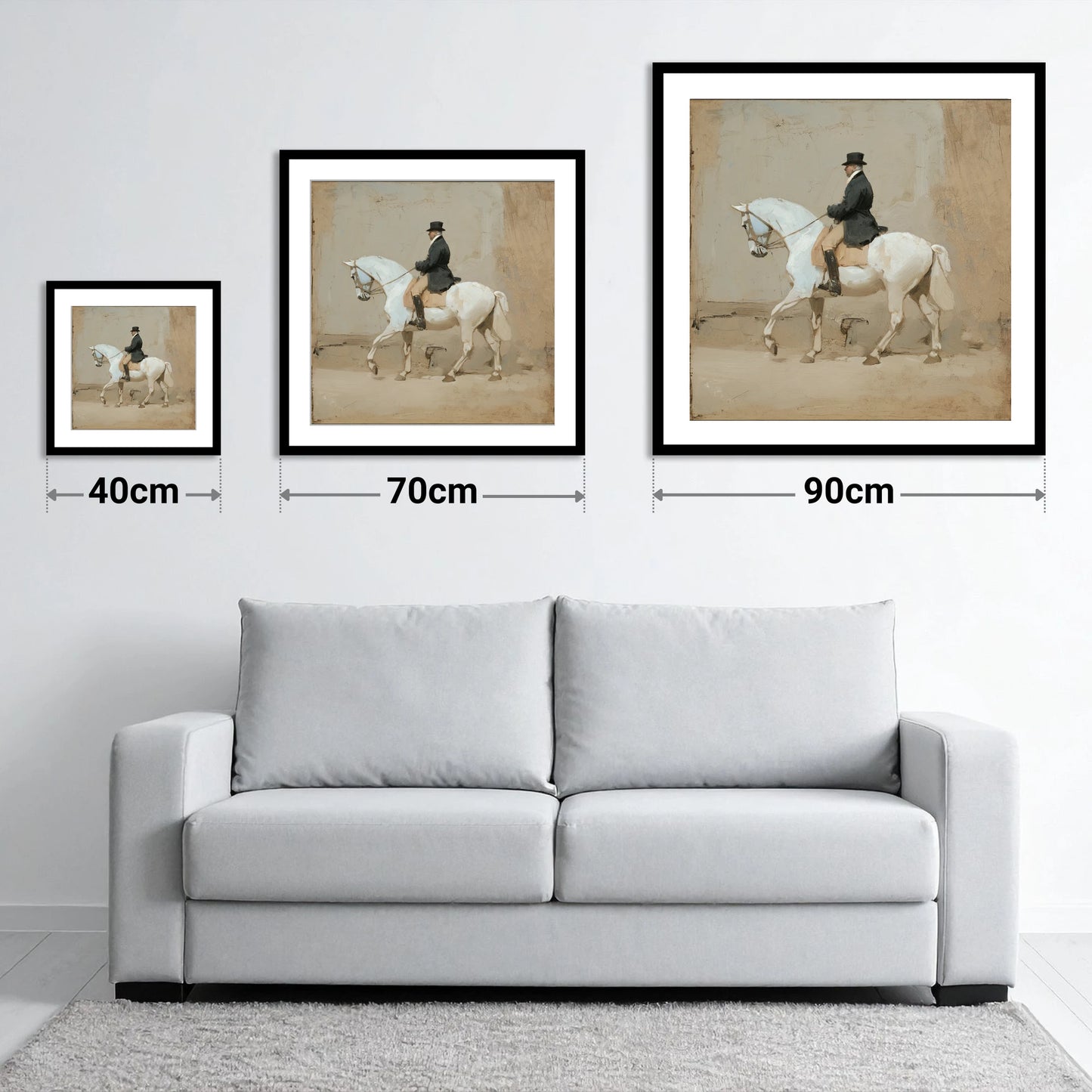 Classical Harmony - size guide showing 40cm, 70cm and 90cm art prints