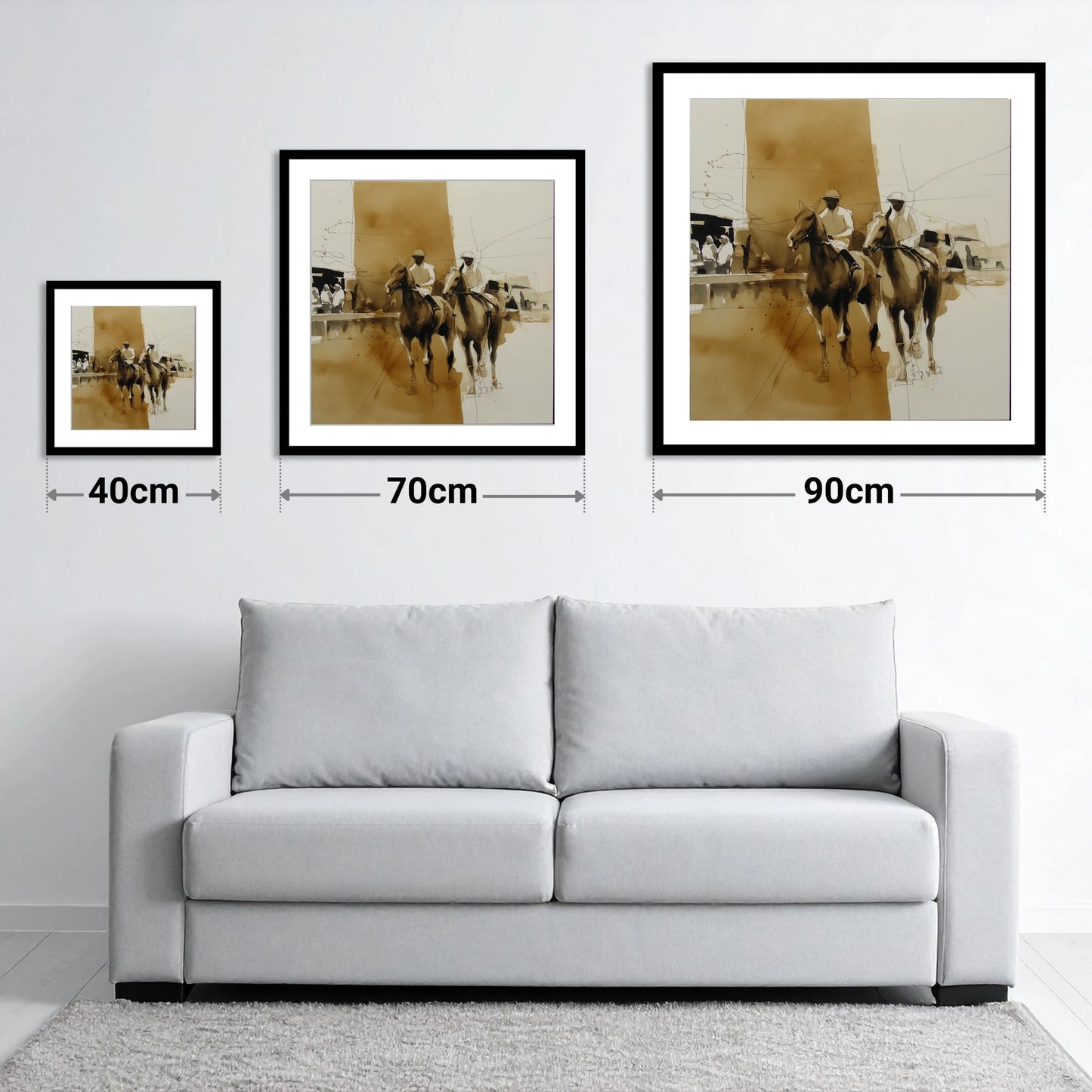 Parade Ring Anticipation - size guide showing 40cm, 70cm and 90cm art prints