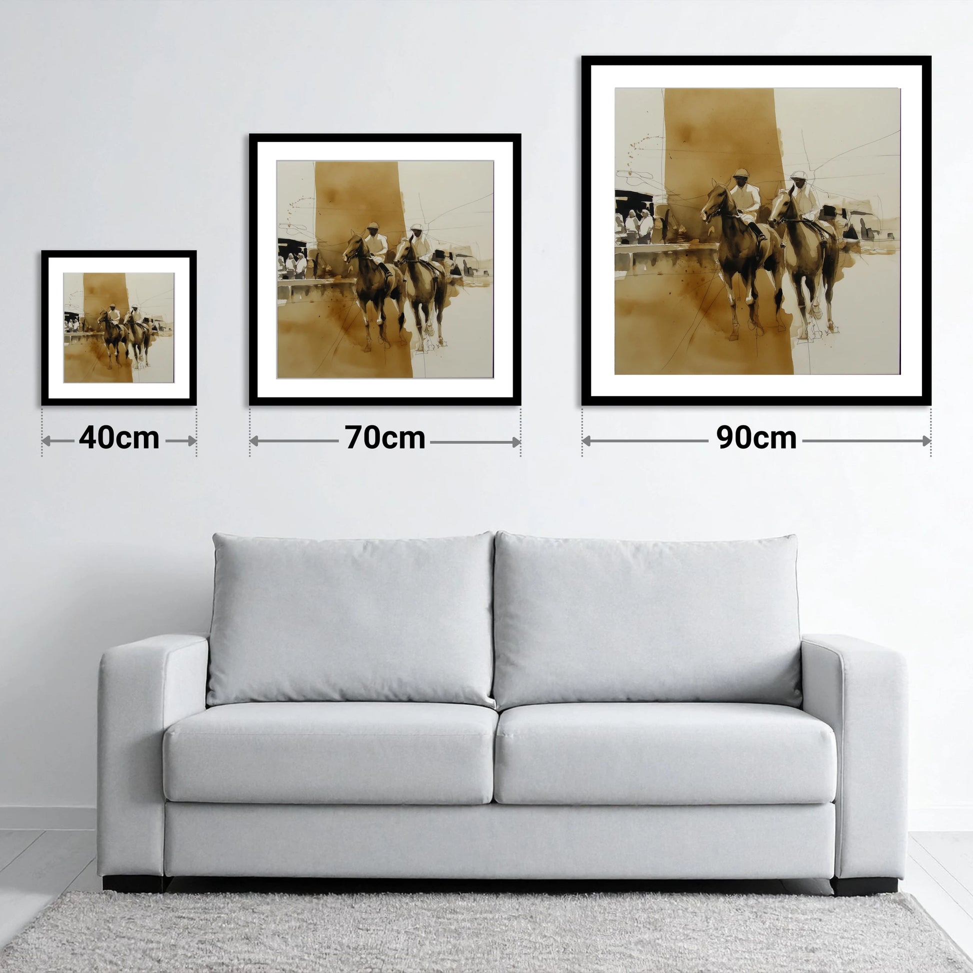 Parade Ring Anticipation - size guide showing 40cm, 70cm and 90cm art prints