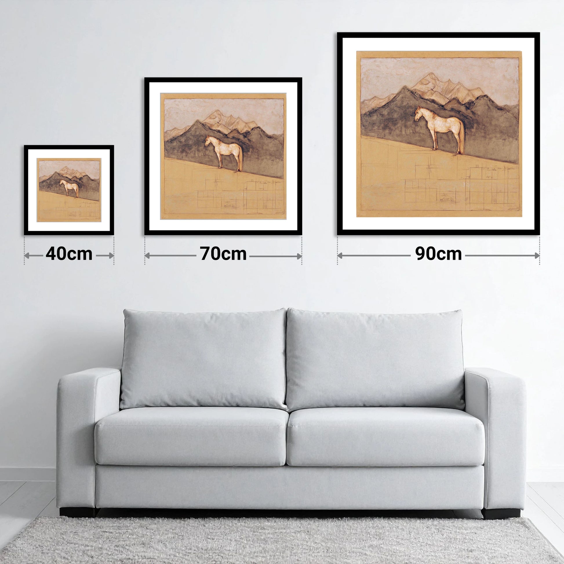 Mountain Sentinel - size guide showing 40cm, 70cm and 90cm art prints