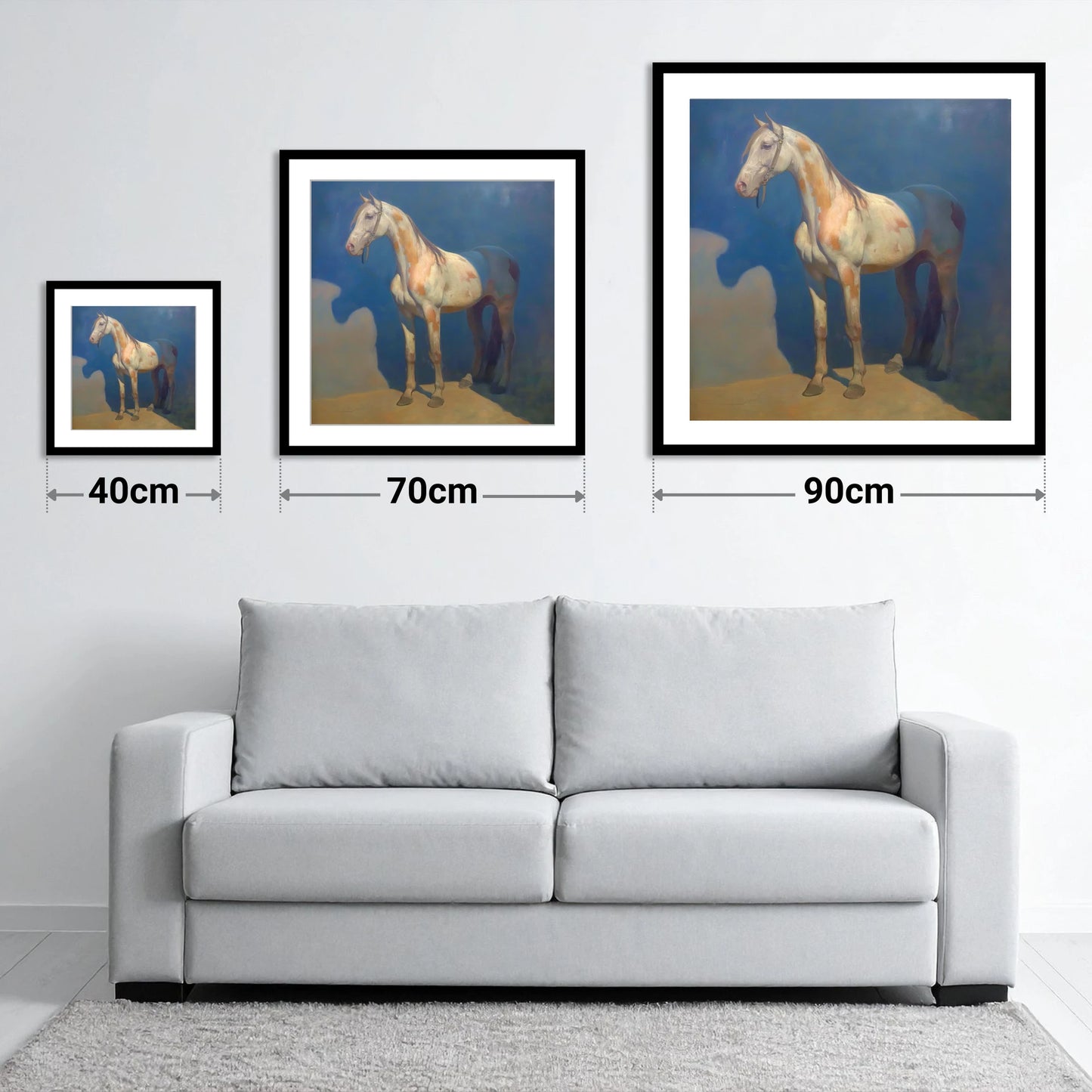 The Soulful Skewbald - size guide showing 40cm, 70cm and 90cm art prints