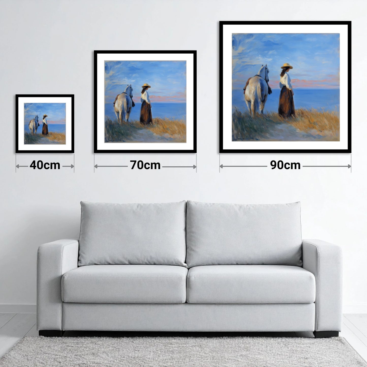 Contemplating the Horizon - size guide showing 40cm, 70cm and 90cm art prints