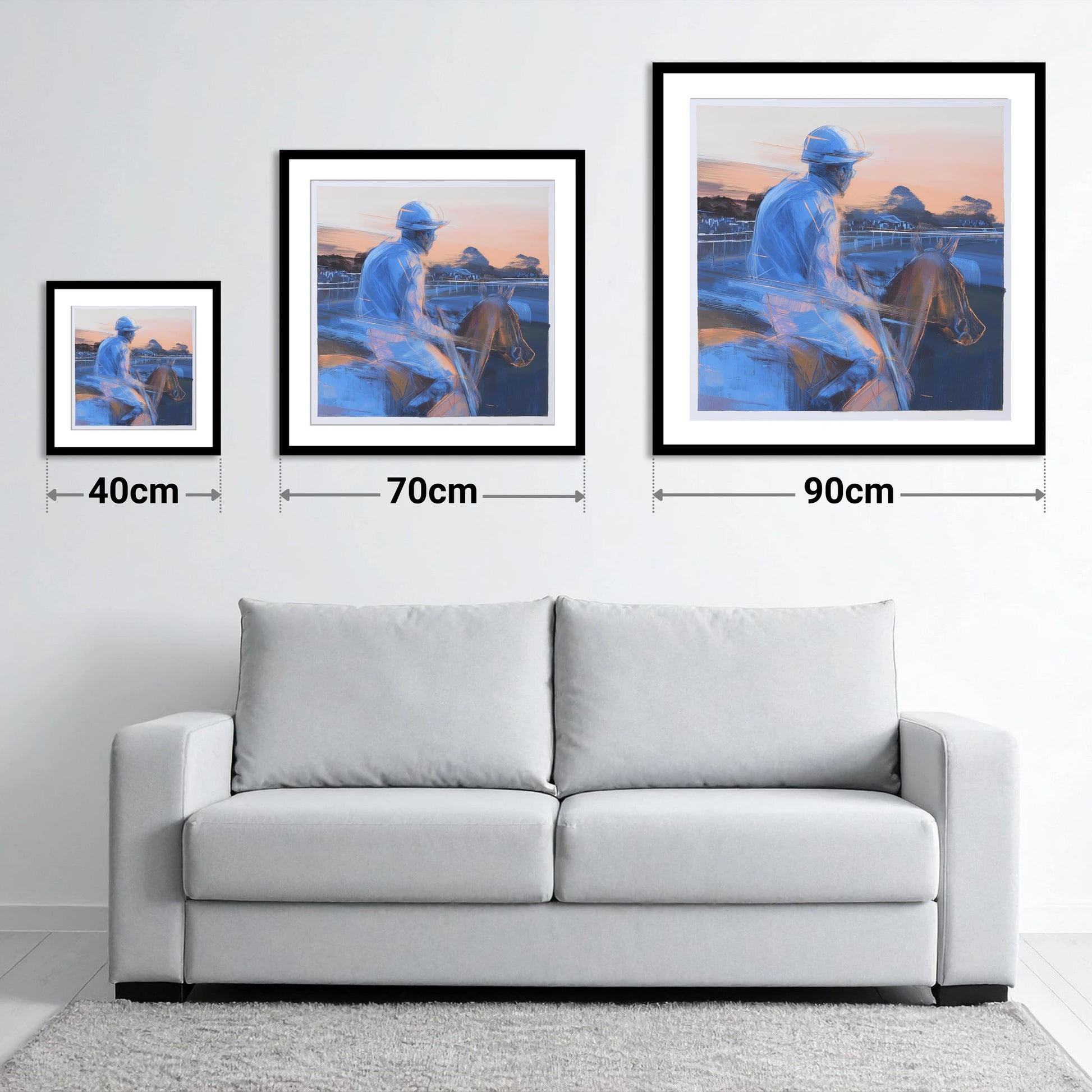 Dawn on the Gallops - size guide showing 40cm, 70cm and 90cm art prints