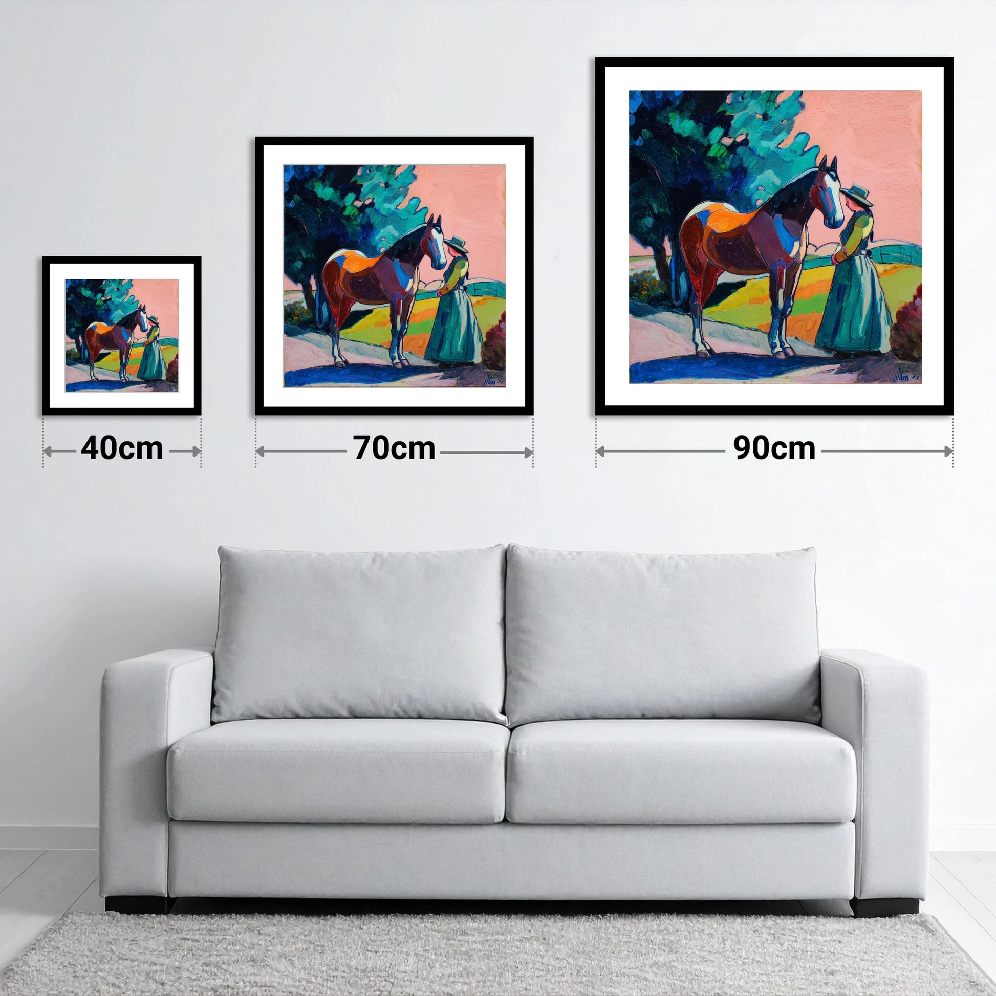 Painted Bond - size guide showing 40cm, 70cm and 90cm art prints