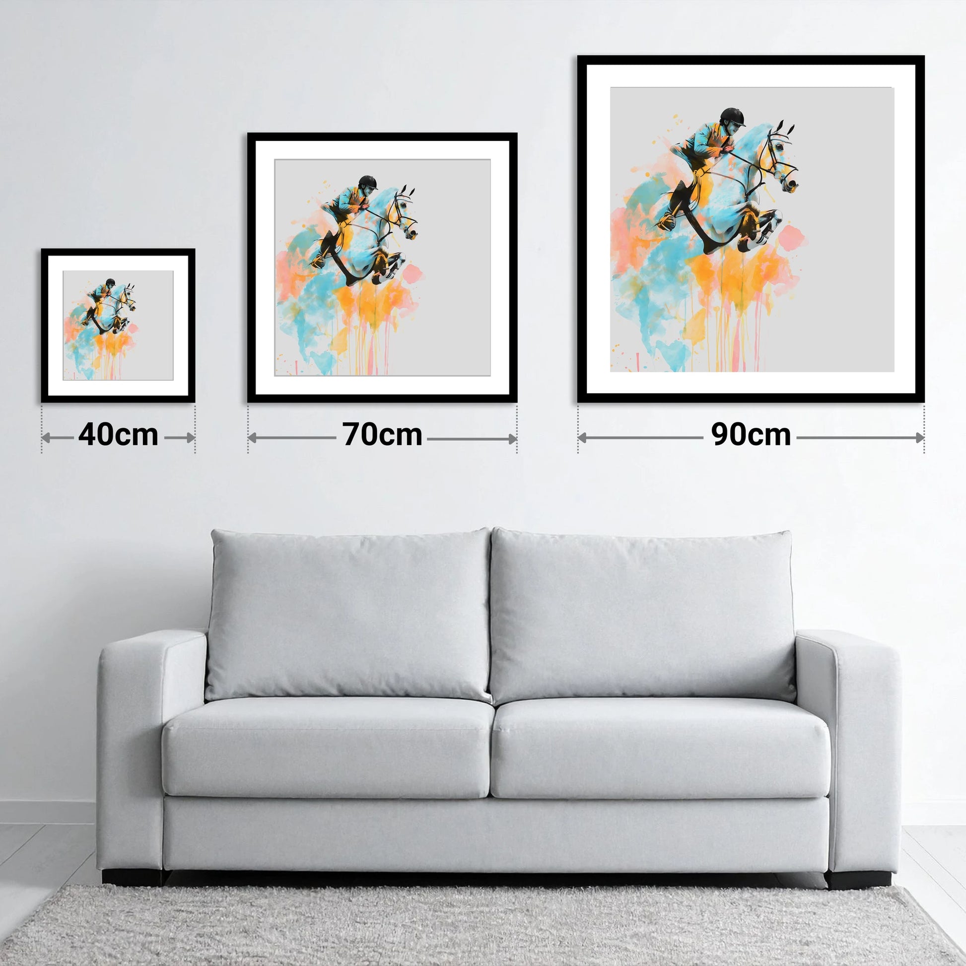 Suspended in Colour - size guide showing 40cm, 70cm and 90cm art prints