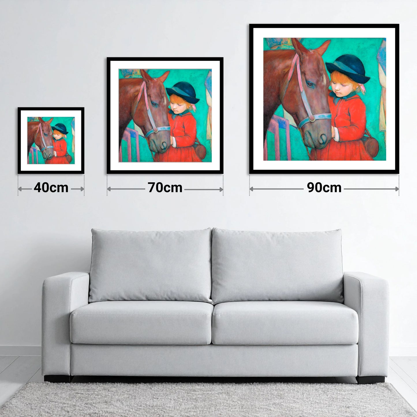 The Gentle Introduction - size guide showing 40cm, 70cm and 90cm art prints