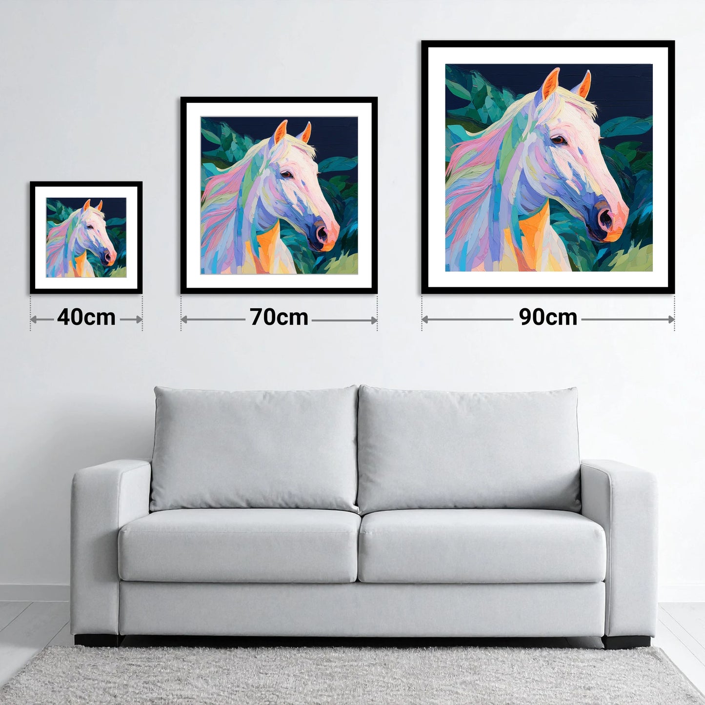 Prismatic Equine Spirit - size guide showing 40cm, 70cm and 90cm art prints